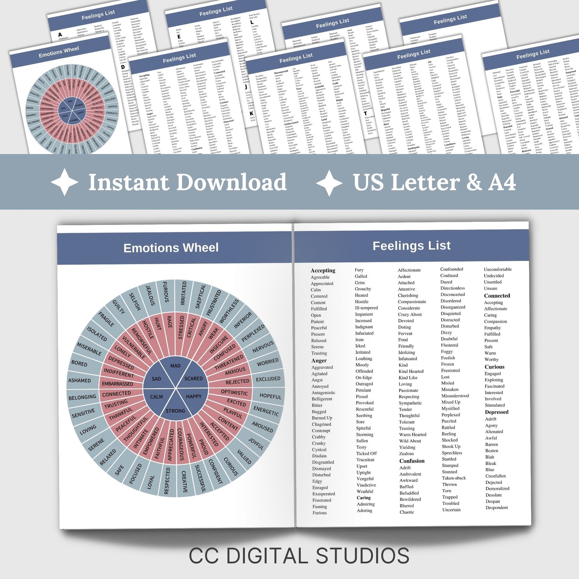 Emotions Wheel and Feelings List perfect for therapists, school counselors, and individuals this list of feeling and emotion words promotes feeling exploration and self reflection.  Foster emotional intelligence