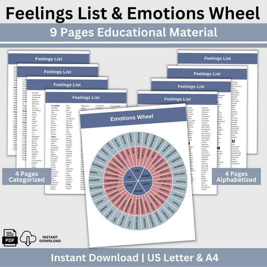 Emotions Wheel and Feelings List perfect for therapists, school counselors, and individuals this list of feeling and emotion words promotes feeling exploration and self reflection.  Foster emotional intelligence