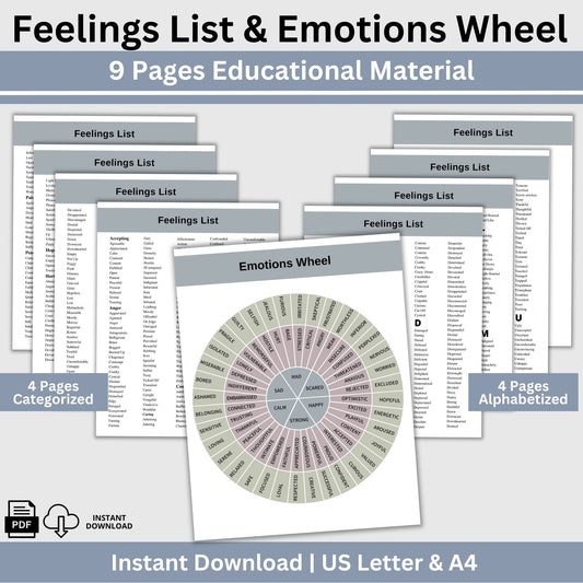 Emotions Wheel and Feelings List perfect for therapists, school counselors, and individuals this list of feeling and emotion words promotes feeling exploration and self reflection.  Foster emotional intelligence