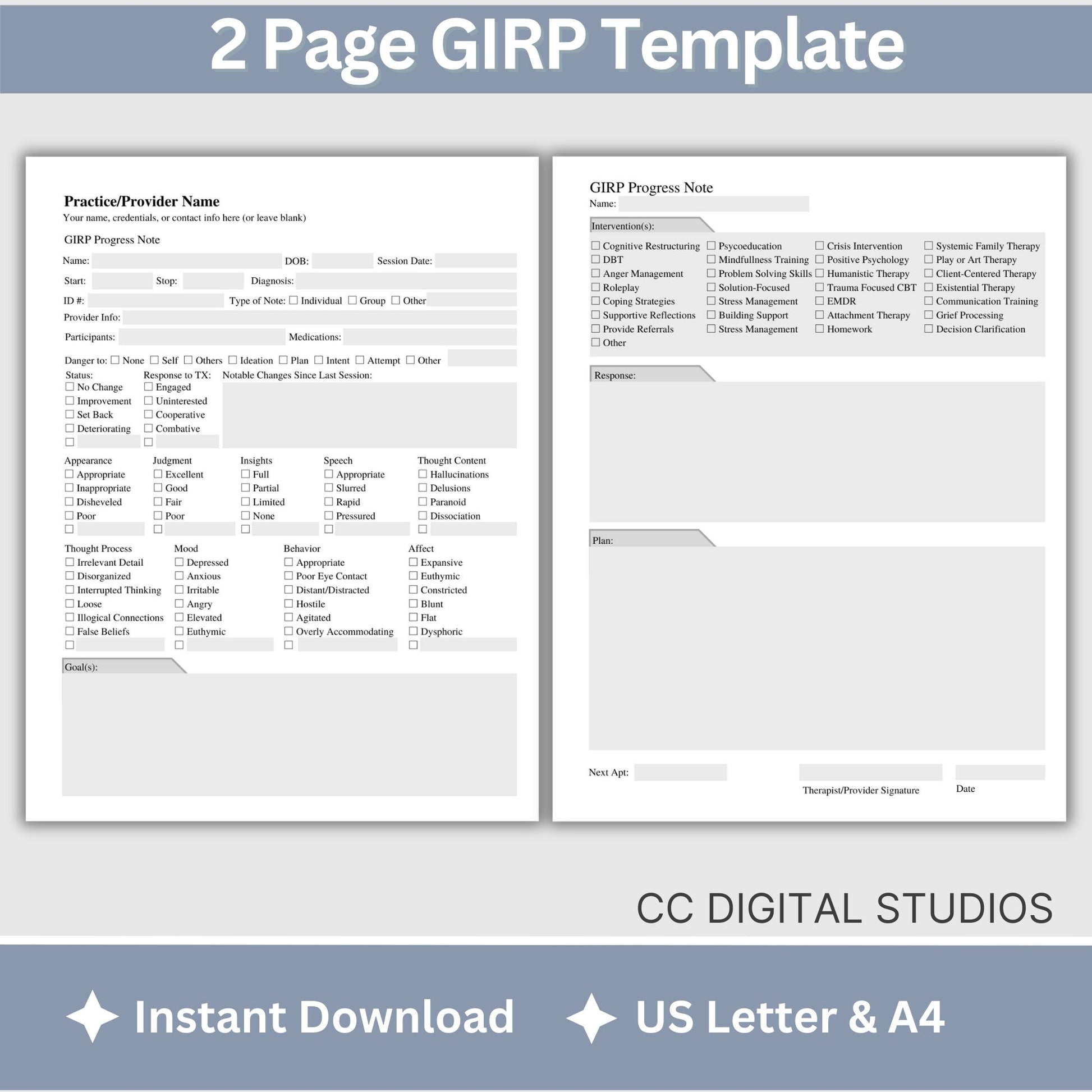 GIRP progress note template designed to assist you in taking thorough and accurate client notes. Perfect for therapist office, counselor, social worker and school counselor.