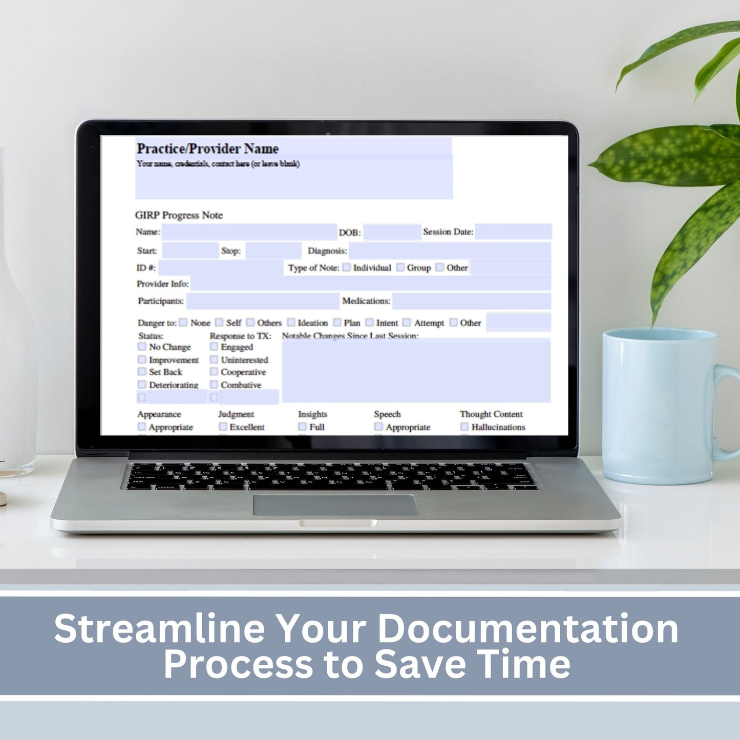 GIRP progress note template designed to assist you in taking thorough and accurate client notes.  Perfect for therapist office, counselor, social worker and school counselor.