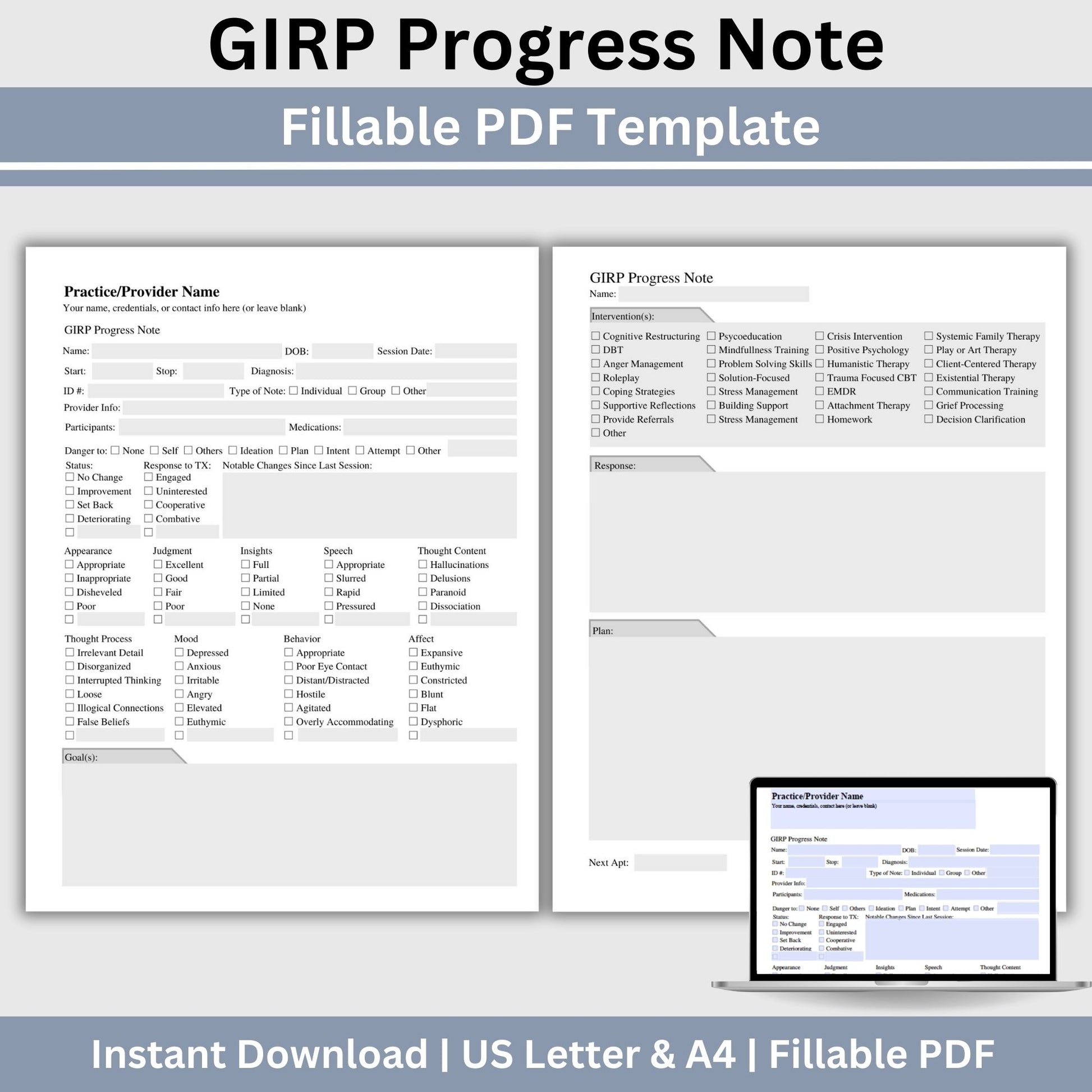 GIRP progress note template designed to assist you in taking thorough and accurate client notes.  Perfect for therapist office, counselor, social worker and school counselor.