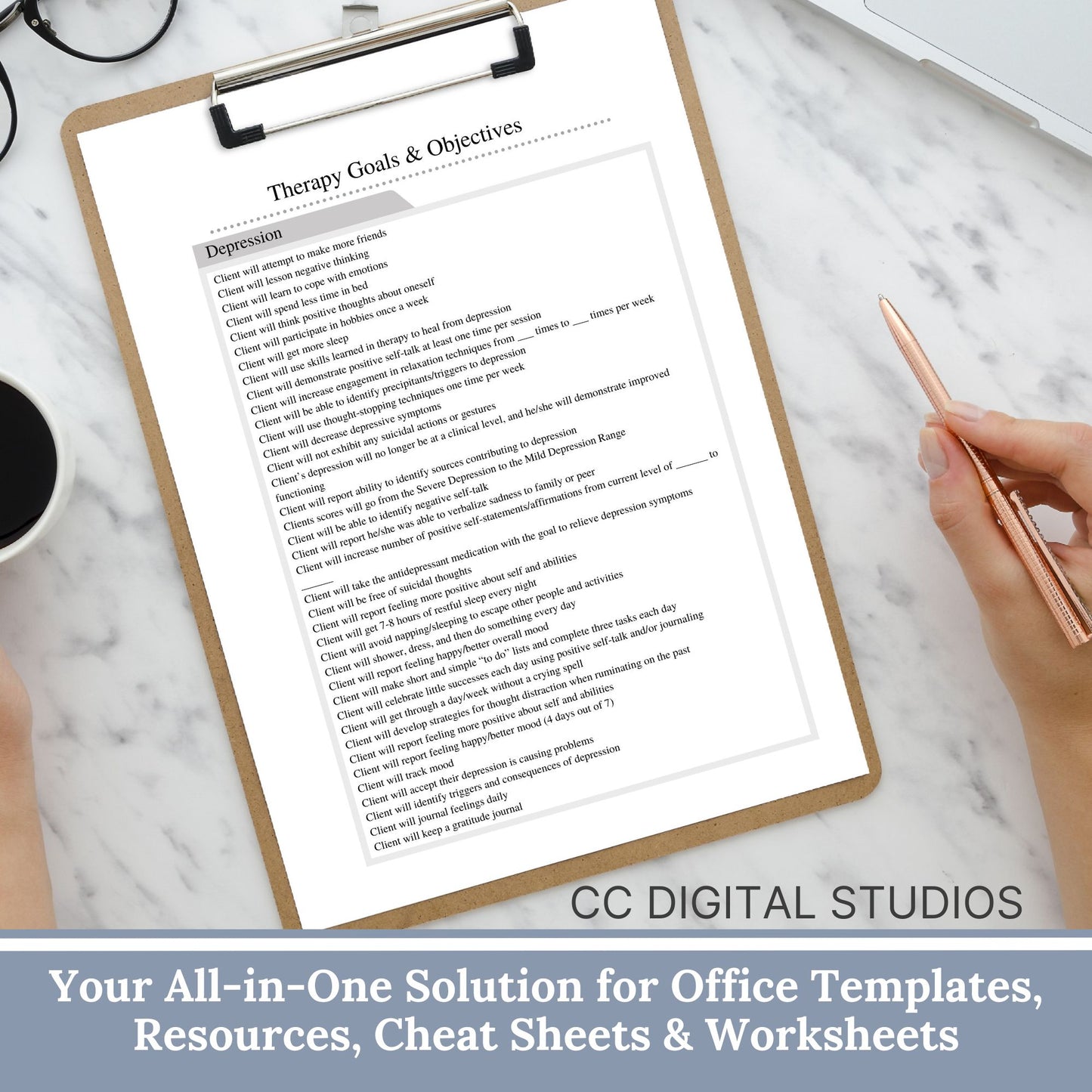 Therapist tool for productive goal and objective setting for your clients. Use this template as a reference point for creating your own client goals or cut and past right into your treatment plan.
