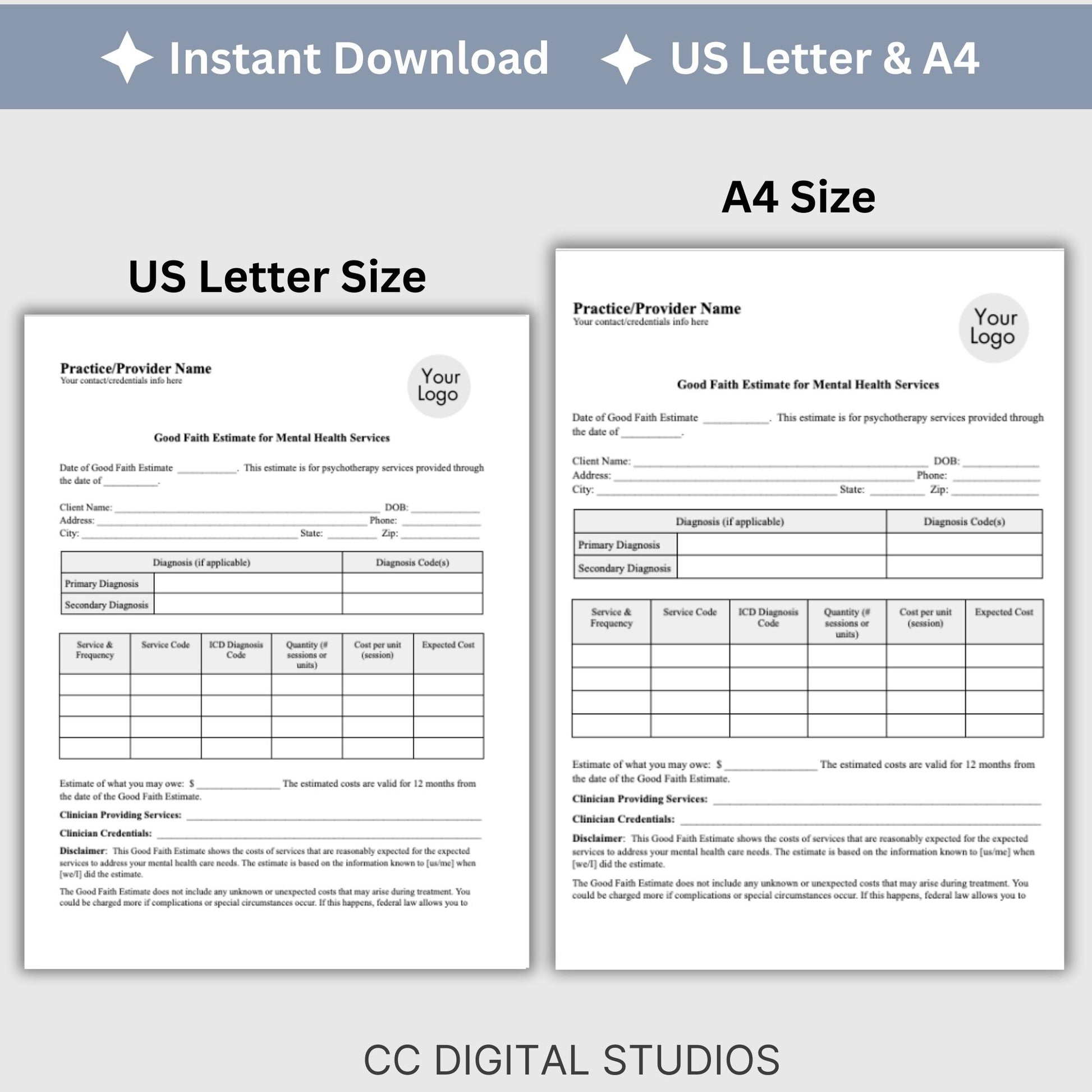 Good Faith Estimate Form for therapist office to ensure clarity and compliance in your mental health practice. This easy-to-use Fillable PDF template helps you provide your clients with a clear and detailed estimate