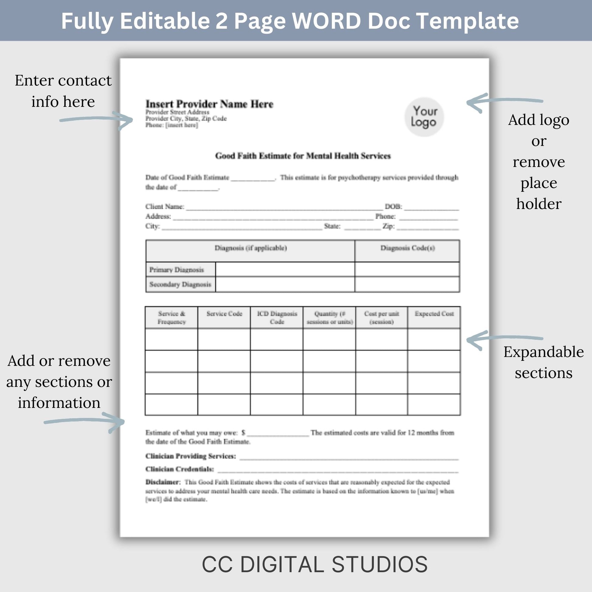 Good Faith Estimate Form for therapist office to ensure clarity and compliance in your mental health practice. This easy-to-use WORD Doc template helps you provide your clients with a clear and detailed estimate