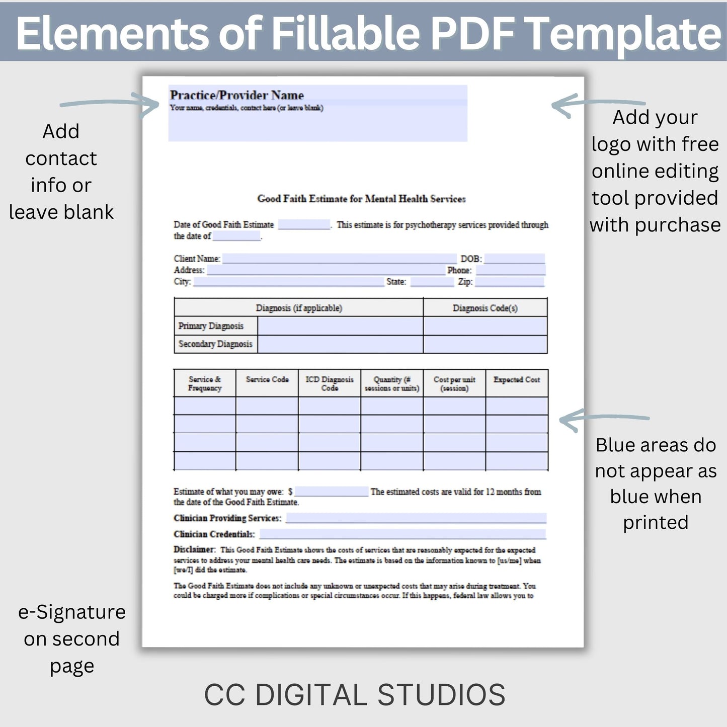 Good Faith Estimate Form for therapist office to ensure clarity and compliance in your mental health practice. This easy-to-use Fillable PDF template helps you provide your clients with a clear and detailed estimate