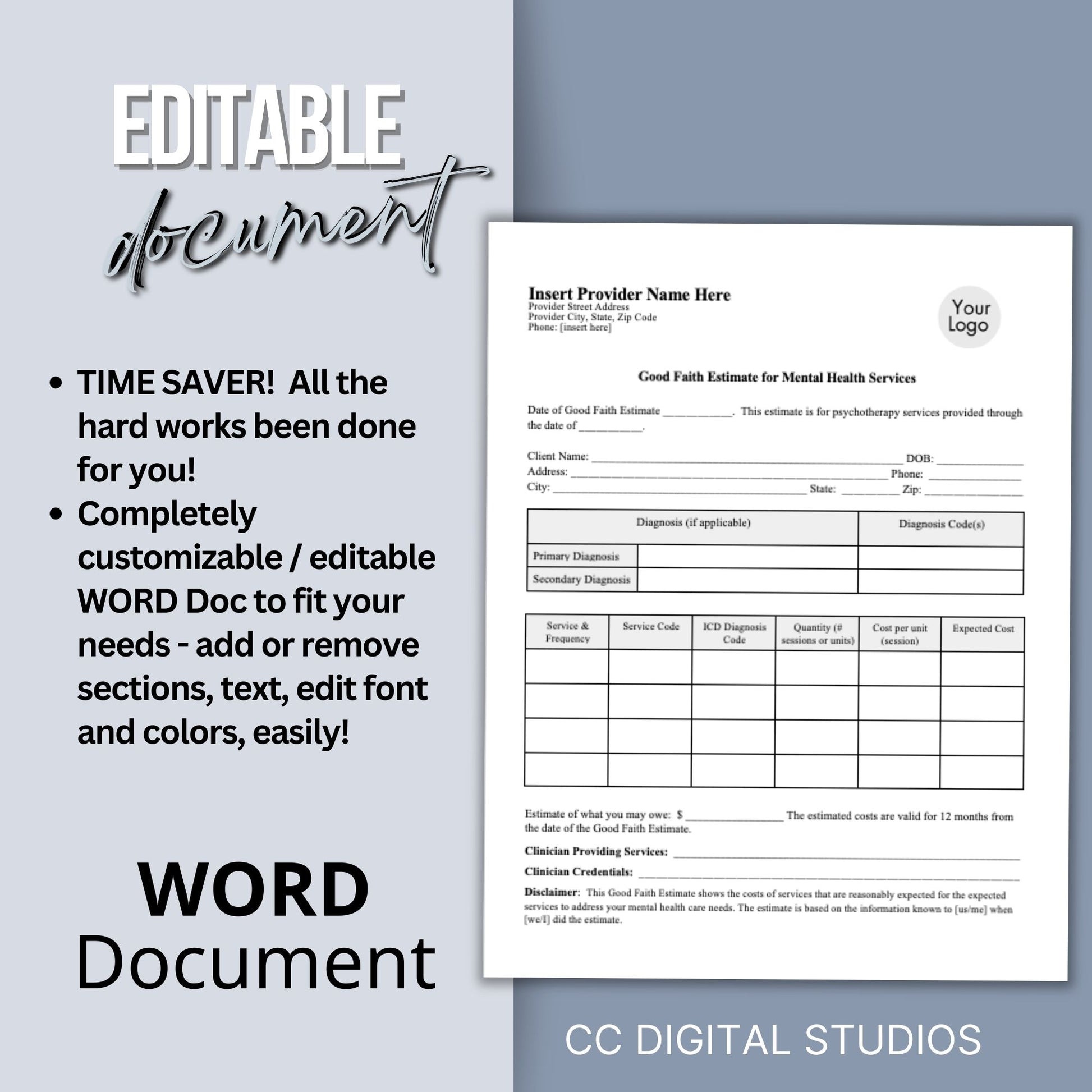 Good Faith Estimate Form for therapist office to ensure clarity and compliance in your mental health practice. This easy-to-use WORD Doc template helps you provide your clients with a clear and detailed estimate