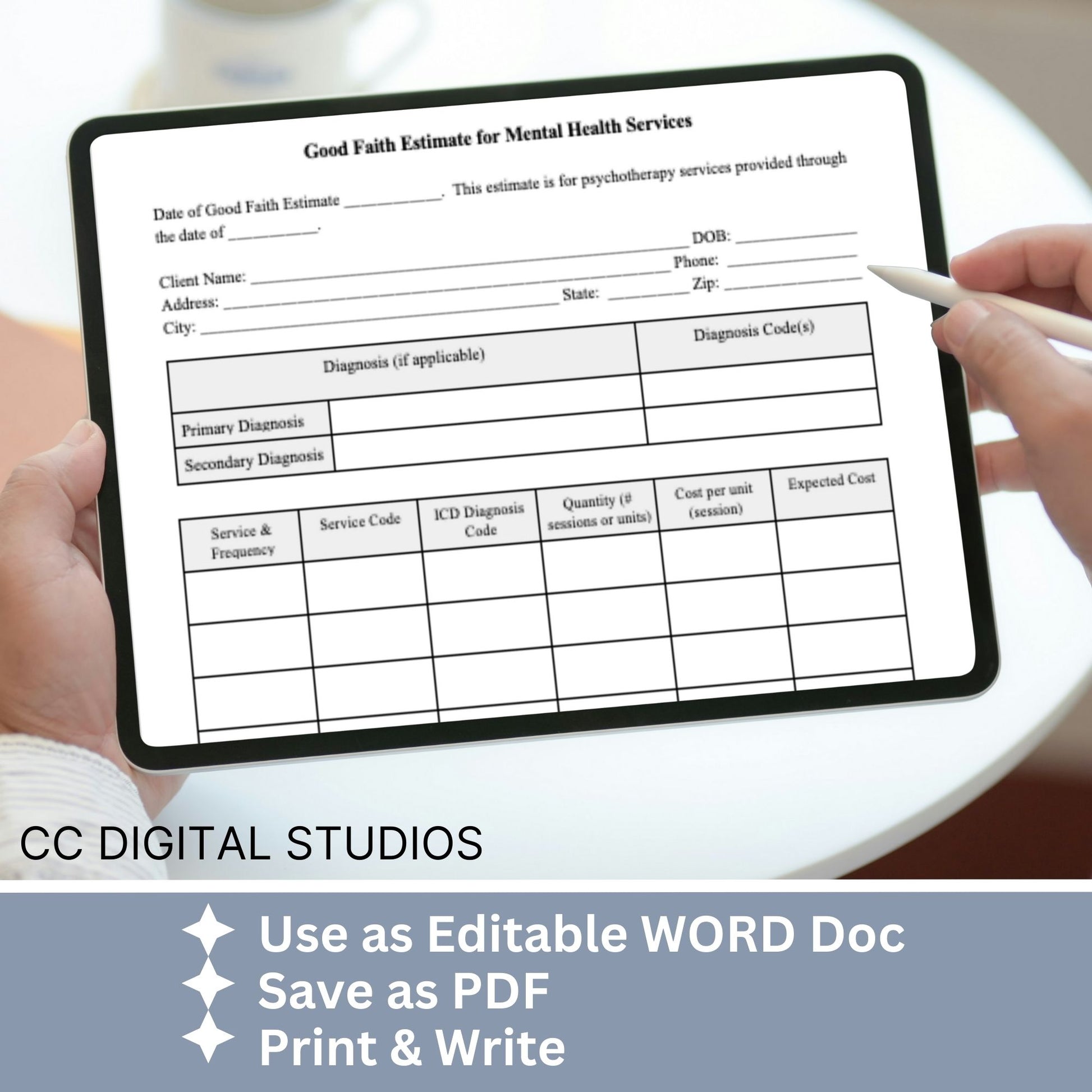 Good Faith Estimate Form for therapist office to ensure clarity and compliance in your mental health practice. This easy-to-use WORD Doc template helps you provide your clients with a clear and detailed estimate