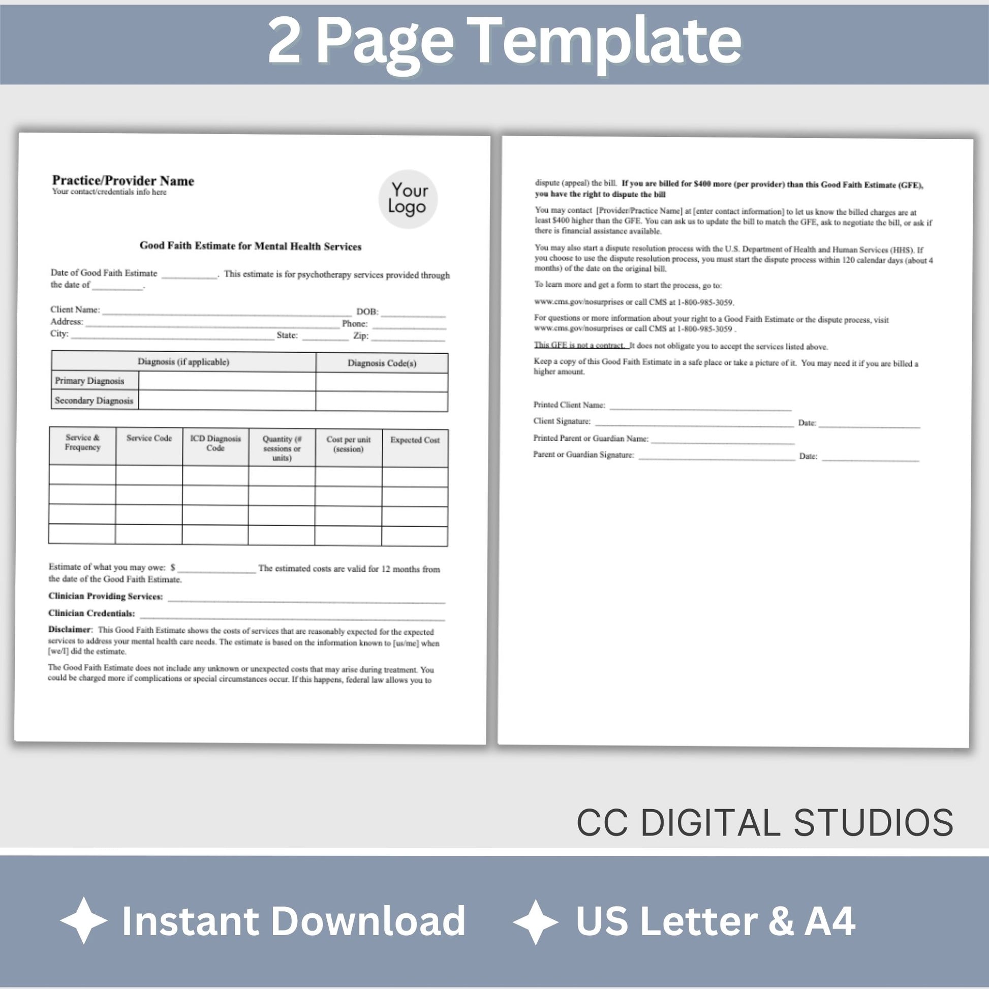 Good Faith Estimate Form for therapist office to ensure clarity and compliance in your mental health practice. This easy-to-use Fillable PDF template helps you provide your clients with a clear and detailed estimate