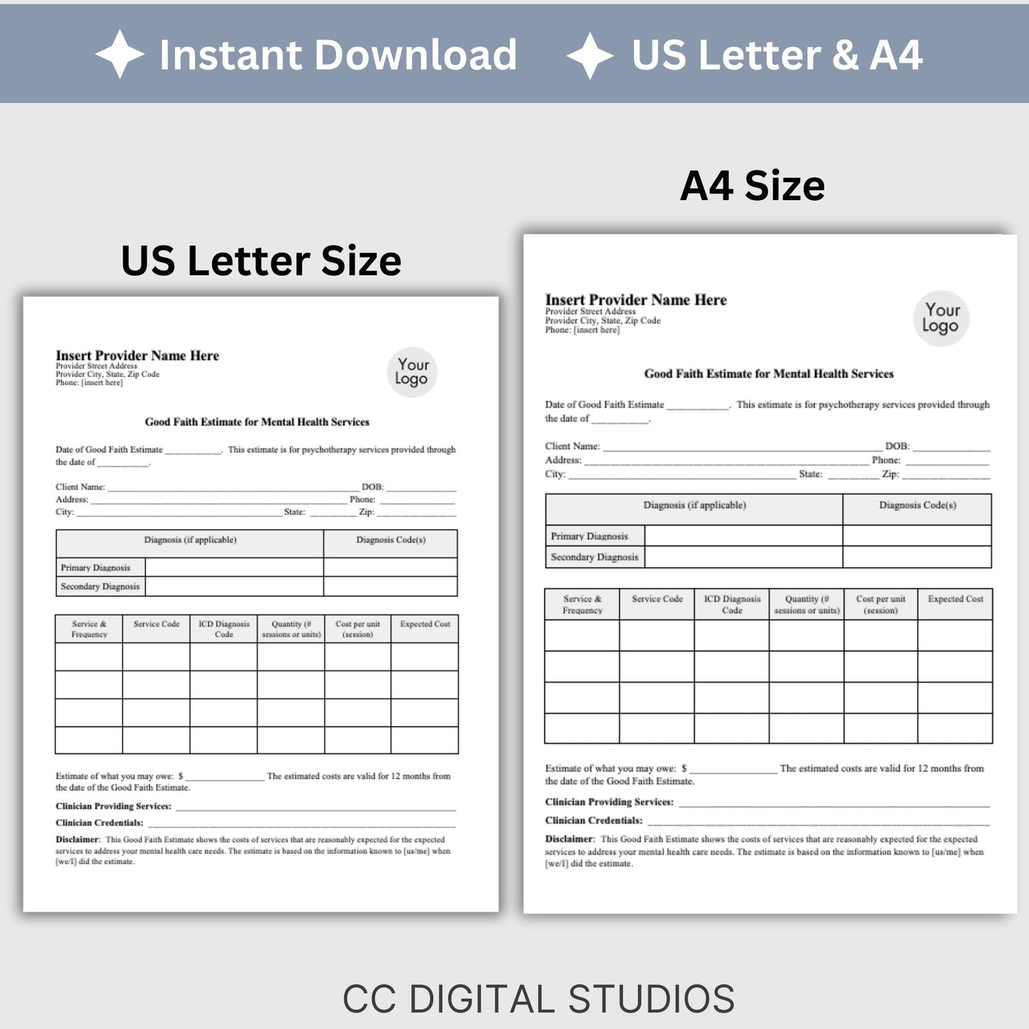 Good Faith Estimate Form for therapist office to ensure clarity and compliance in your mental health practice. This easy-to-use WORD Doc template helps you provide your clients with a clear and detailed estimate