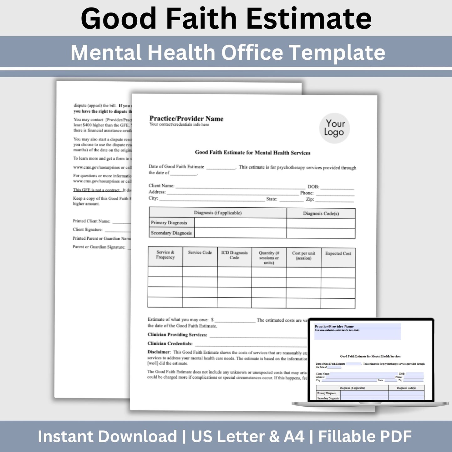 Good Faith Estimate Form for therapist office to ensure clarity and compliance in your mental health practice. This easy-to-use Fillable PDF template helps you provide your clients with a clear and detailed estimate