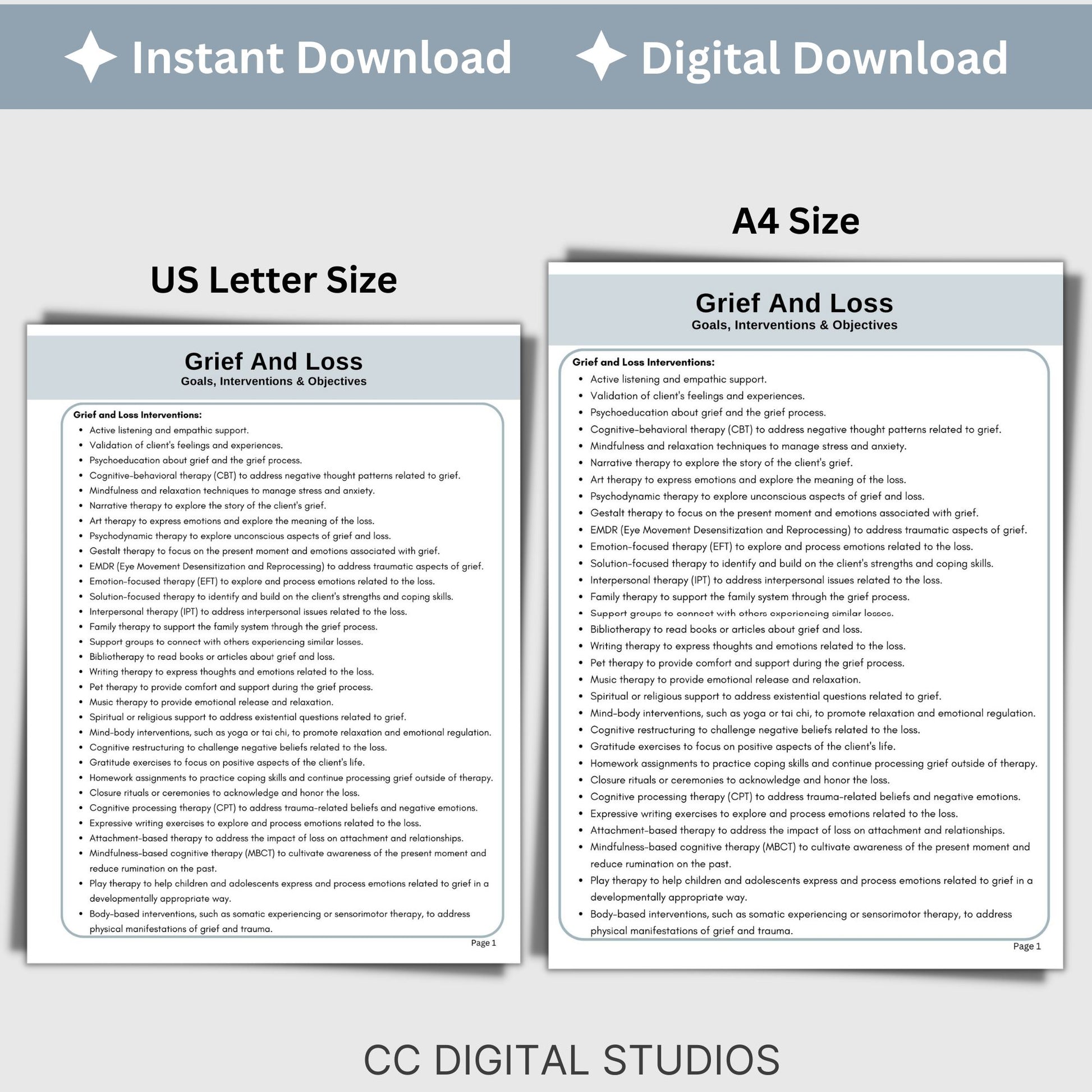 Grief therapy treatment plan therapy tool. This resource is designed to help therapists create effective treatment plans with goals for therapy, objectives and grief therapy interventions. This tool is for treatment plans for grief and loss and includes 25 goals for therapy, 31 interventions and 161 objectives.