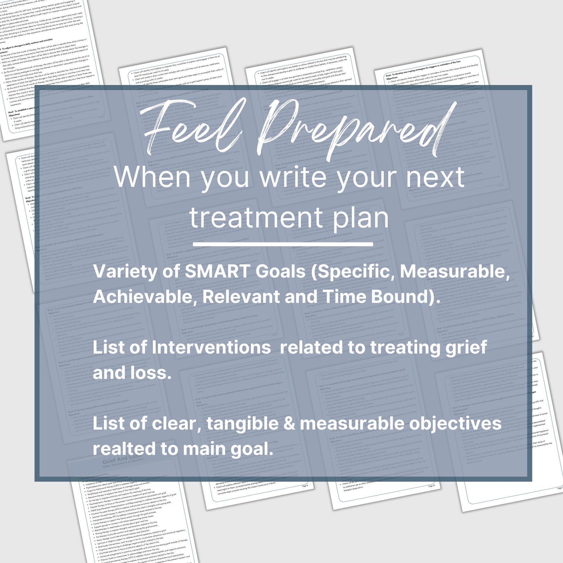 Grief therapy treatment plan therapy tool. This resource is designed to help therapists create effective treatment plans with goals for therapy, objectives and grief therapy interventions. This tool is for treatment plans for grief and loss and includes 25 goals for therapy, 31 interventions and 161 objectives.