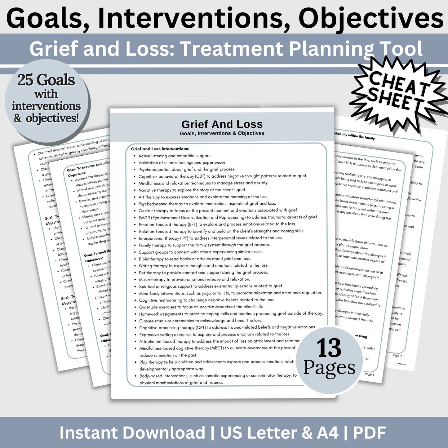 Grief therapy treatment plan therapy tool. This resource is designed to help therapists create effective treatment plans with goals for therapy, objectives and grief therapy interventions. This tool is for treatment plans for grief and loss and includes 25 goals for therapy, 31 interventions and 161 objectives.