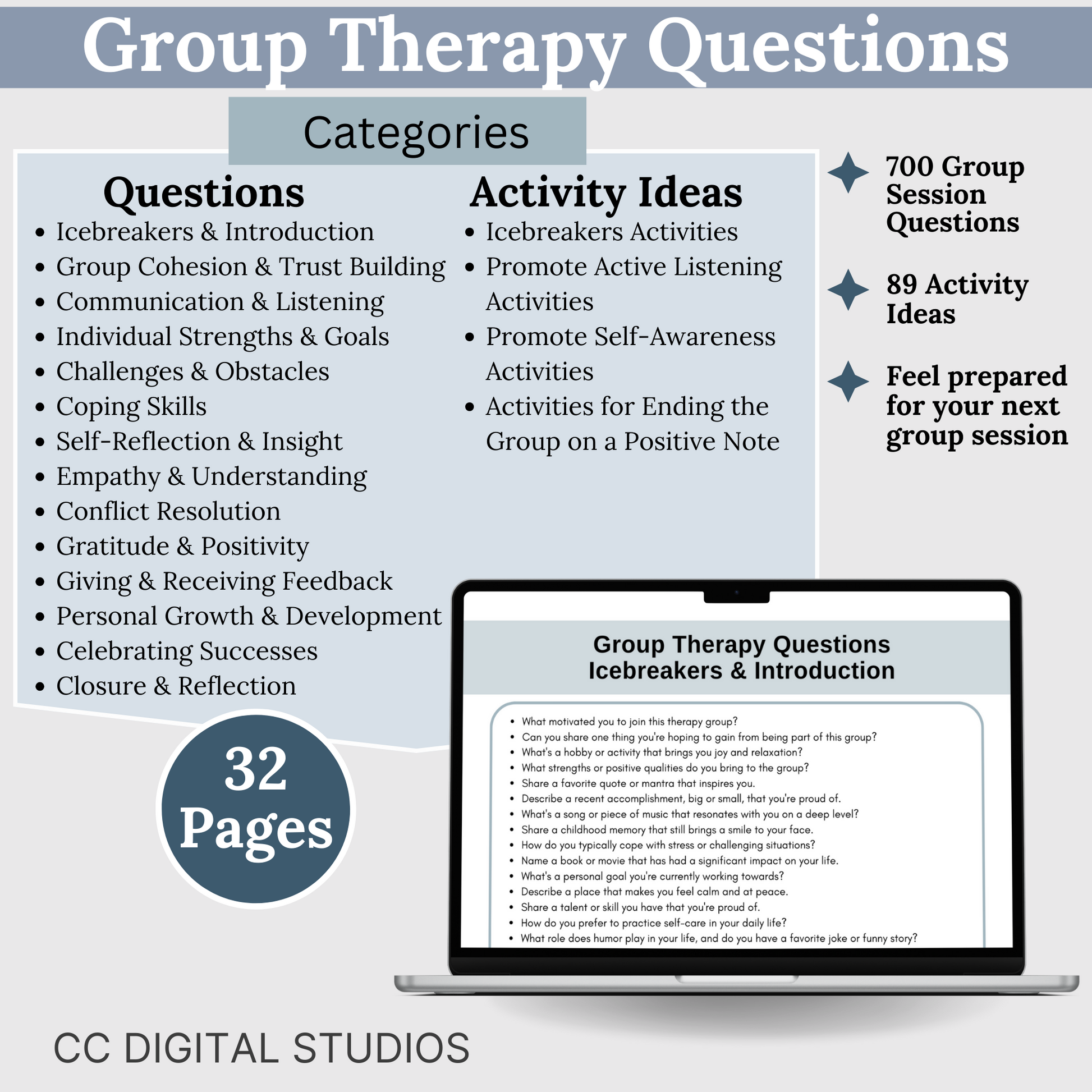 Elevate your group therapy sessions with our Therapy Bundle saving 25%!  Featuring a comprehensive Group Therapy Guide, Progress Notes Guide, and a curated set of 700 group therapy questions and 84 activity ideas.  Therapy Cheat Sheets