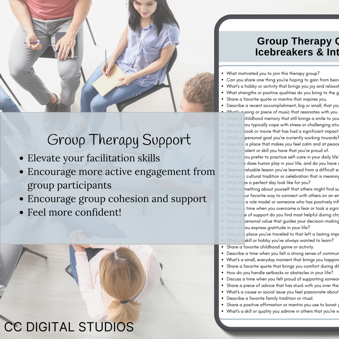 Elevate your group therapy sessions with our Therapy Bundle saving 25%!  Featuring a comprehensive Group Therapy Guide, Progress Notes Guide, and a curated set of 700 group therapy questions and 84 activity ideas.  Therapy Cheat Sheets