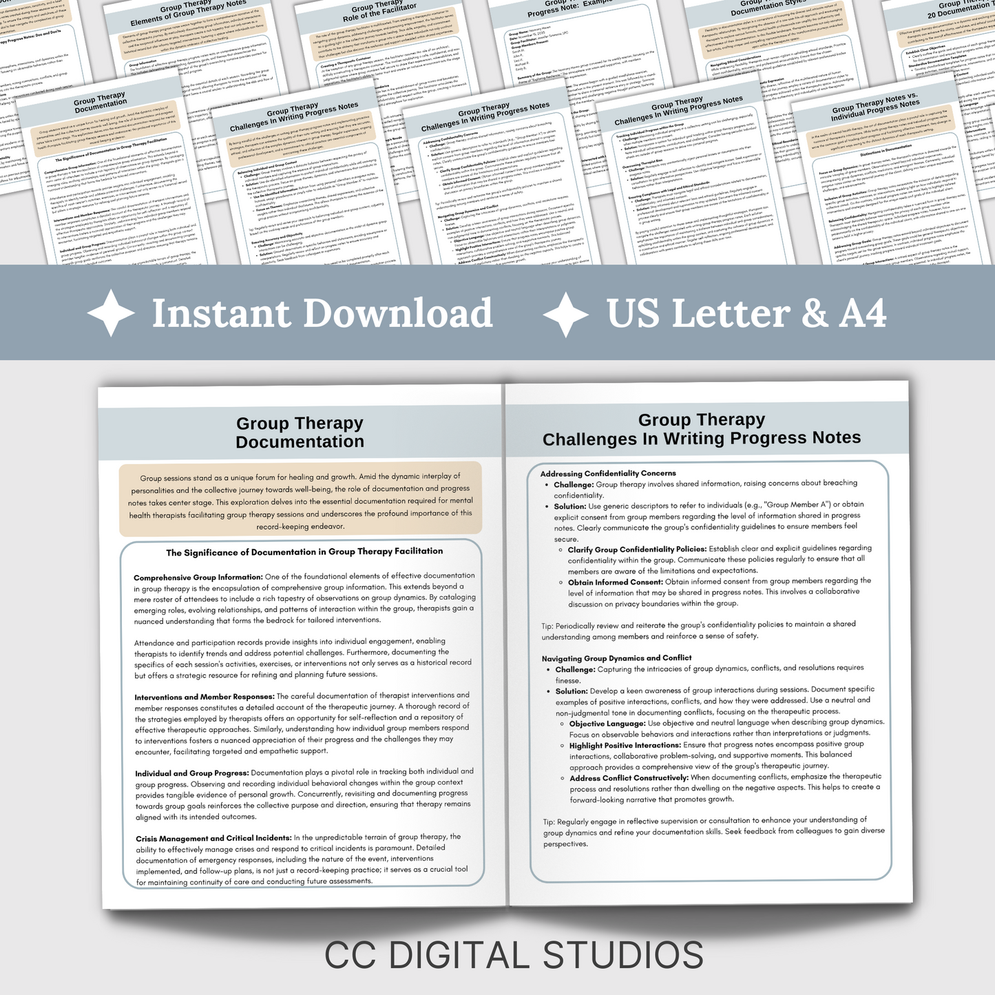 Elevate your group therapy sessions with our Therapy Bundle saving 25%!  Featuring a comprehensive Group Therapy Guide, Progress Notes Guide, and a curated set of 700 group therapy questions and 84 activity ideas.  Therapy Cheat Sheets