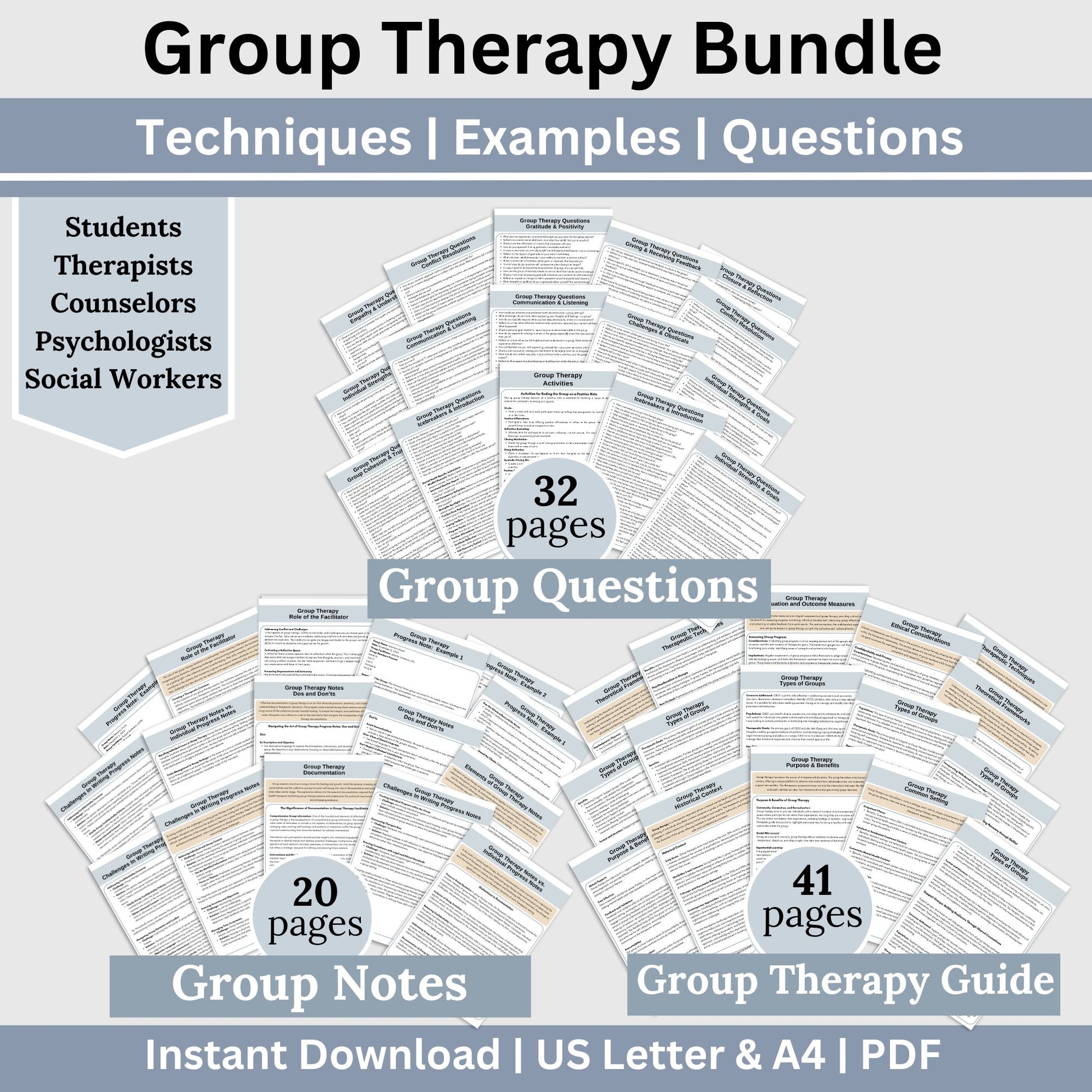 Elevate your group therapy sessions with our Therapy Bundle saving 25%! Featuring a comprehensive Group Therapy Guide, Progress Notes Guide, and a curated set of 700 group therapy questions and 84 activity ideas. Therapy Cheat Sheets