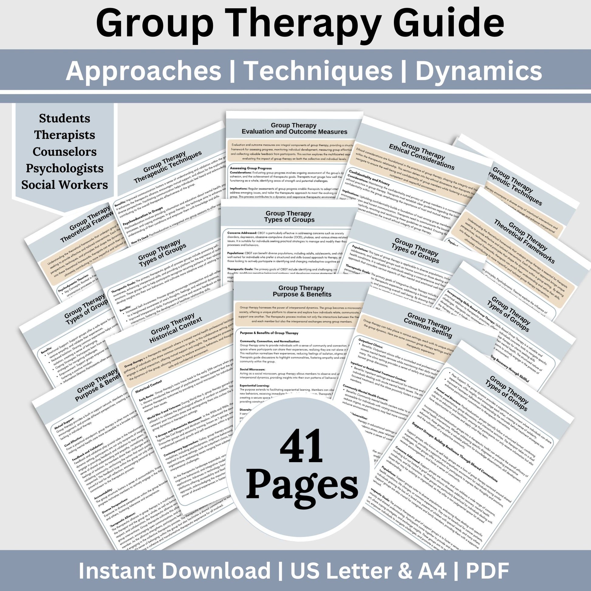 From understanding the nuances of group therapy dynamics to navigating diverse therapeutic approaches, this guide equips therapists with a group therapy overview. Use with therapy interns or within your therapy office.