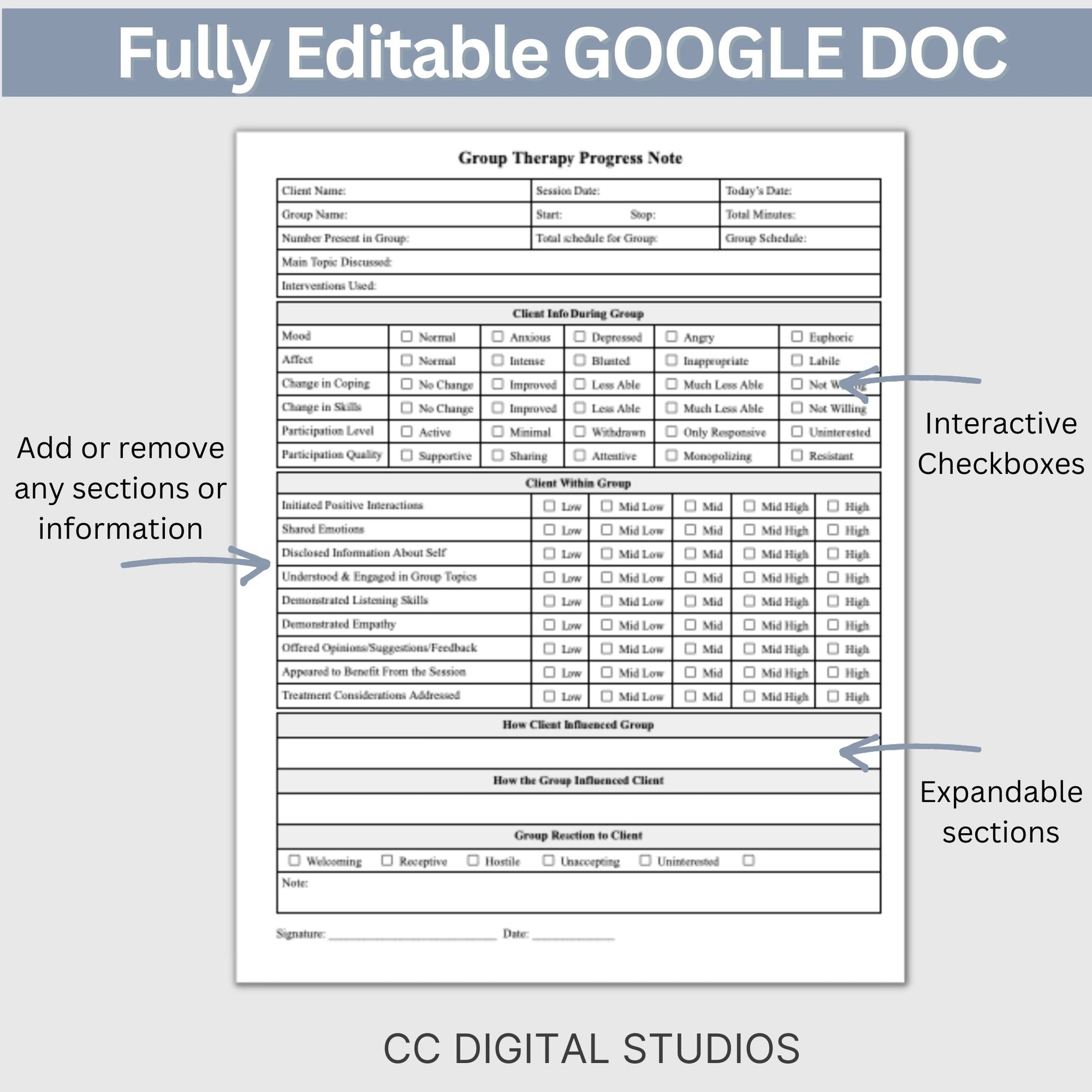 Group Therapy Progress Note - an editable Google Doc, your go-to therapist office template for streamlined therapy notes. Enhance your psychotherapy group sessions with this efficient tool, offering customizable progress note tracking.