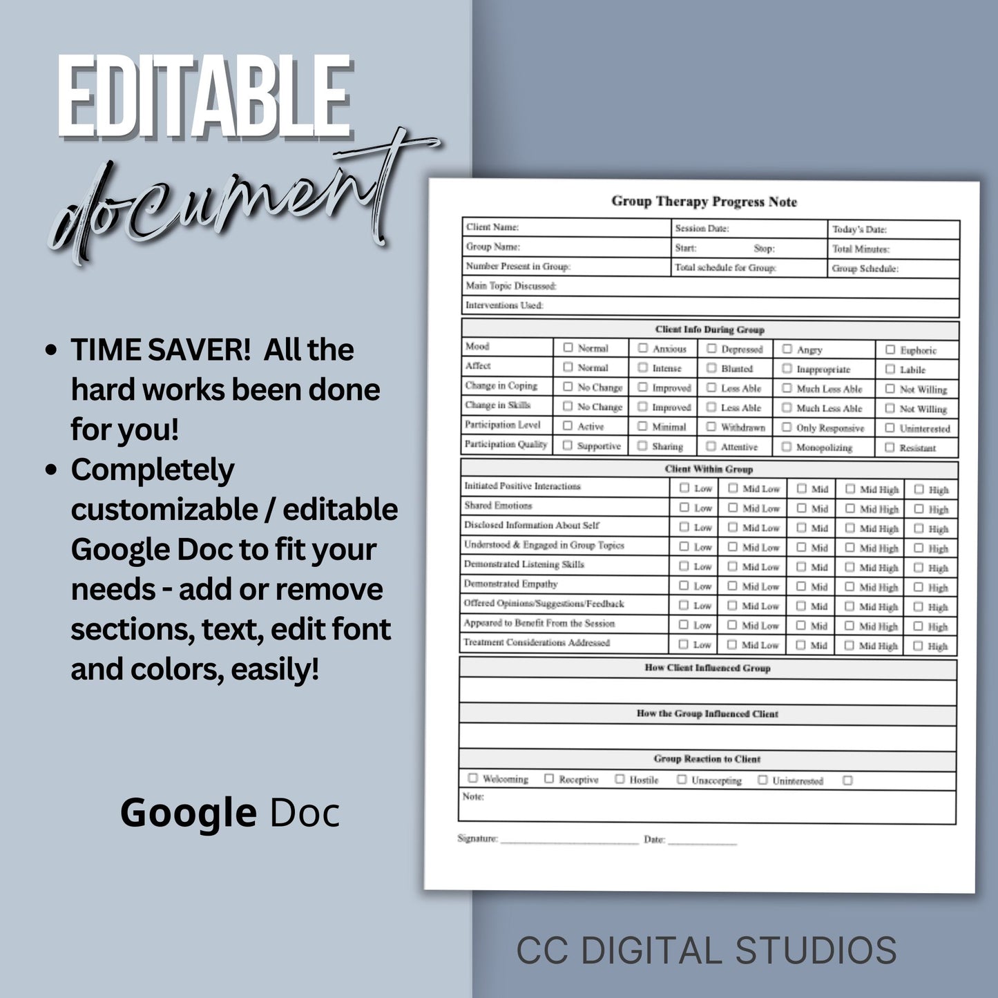 Group Therapy Progress Note - an editable Google Doc, your go-to therapist office template for streamlined therapy notes. Enhance your psychotherapy group sessions with this efficient tool, offering customizable progress note tracking.