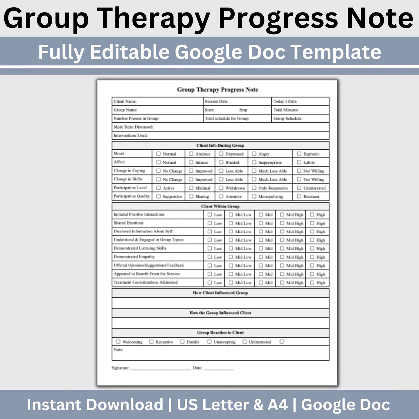 Group Therapy Progress Note - an editable Google Doc, your go-to therapist office template for streamlined therapy notes. Enhance your psychotherapy group sessions with this efficient tool, offering customizable progress note tracking.