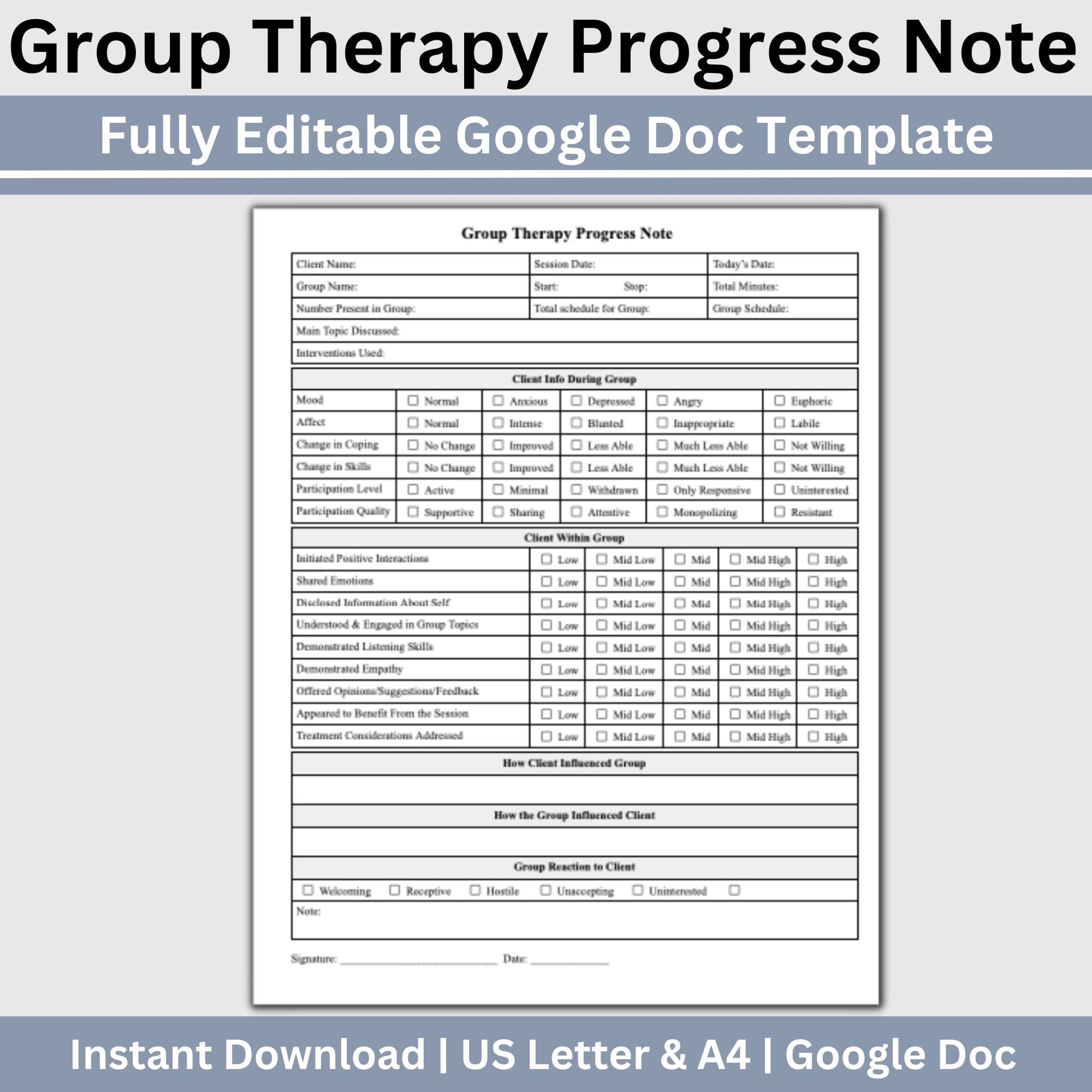 Group Therapy Progress Note - an editable Google Doc, your go-to therapist office template for streamlined therapy notes. Enhance your psychotherapy group sessions with this efficient tool, offering customizable progress note tracking.