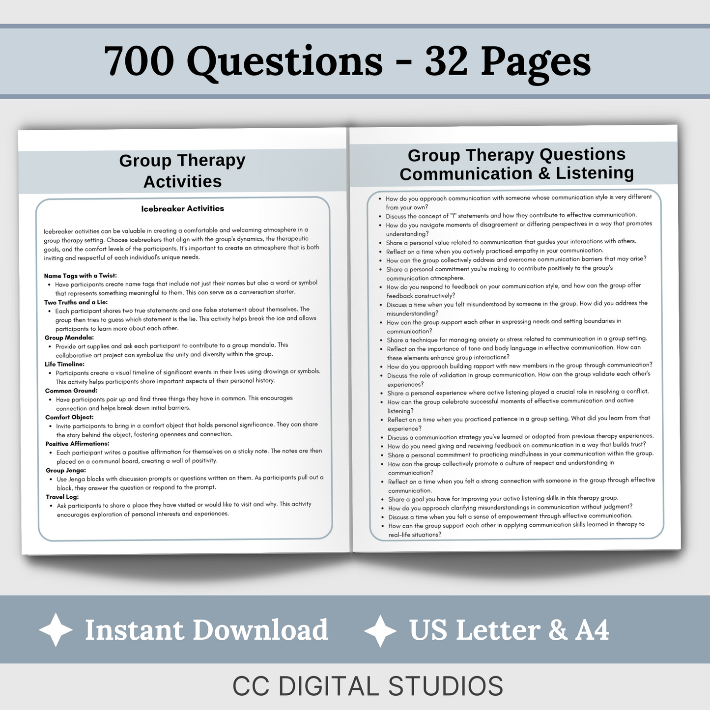 Comprehensive collection of 700 thought-provoking questions and 89 dynamic group activity ideas designed to enhance your group therapy sessions.  Elevate your facilitation skills and create a nurturing space for meaningful discussions.