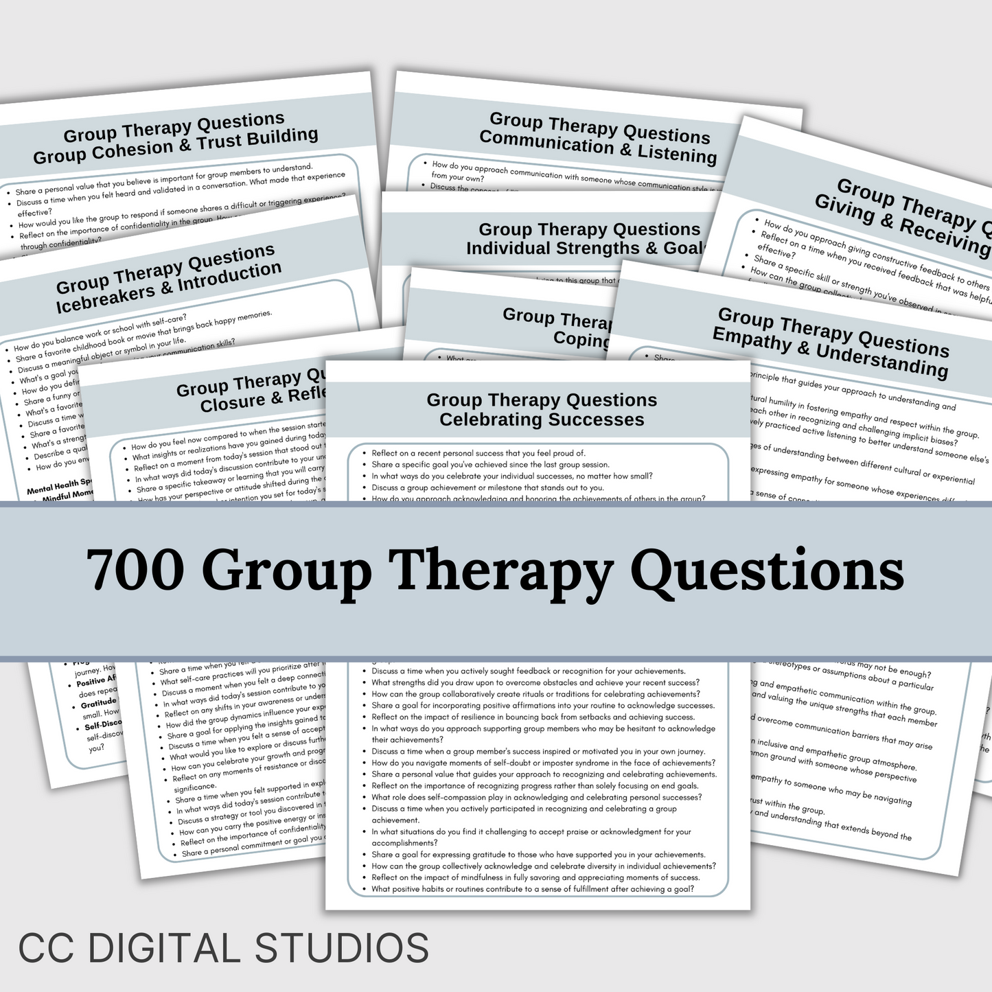 Comprehensive collection of 700 thought-provoking questions and 89 dynamic group activity ideas designed to enhance your group therapy sessions.  Elevate your facilitation skills and create a nurturing space for meaningful discussions.