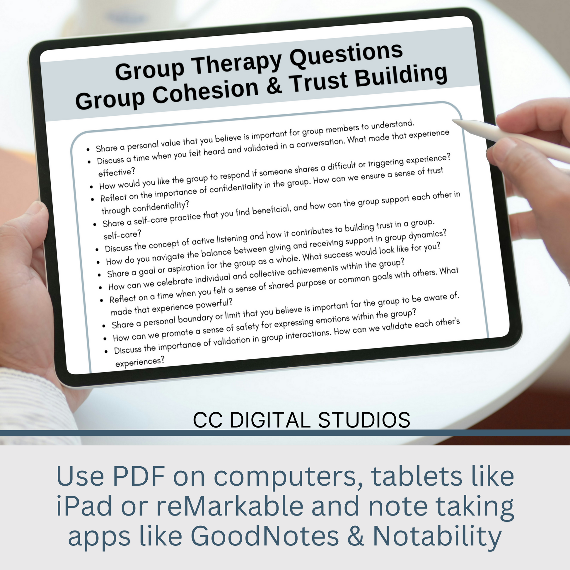 Comprehensive collection of 700 thought-provoking questions and 89 dynamic group activity ideas designed to enhance your group therapy sessions.  Elevate your facilitation skills and create a nurturing space for meaningful discussions.