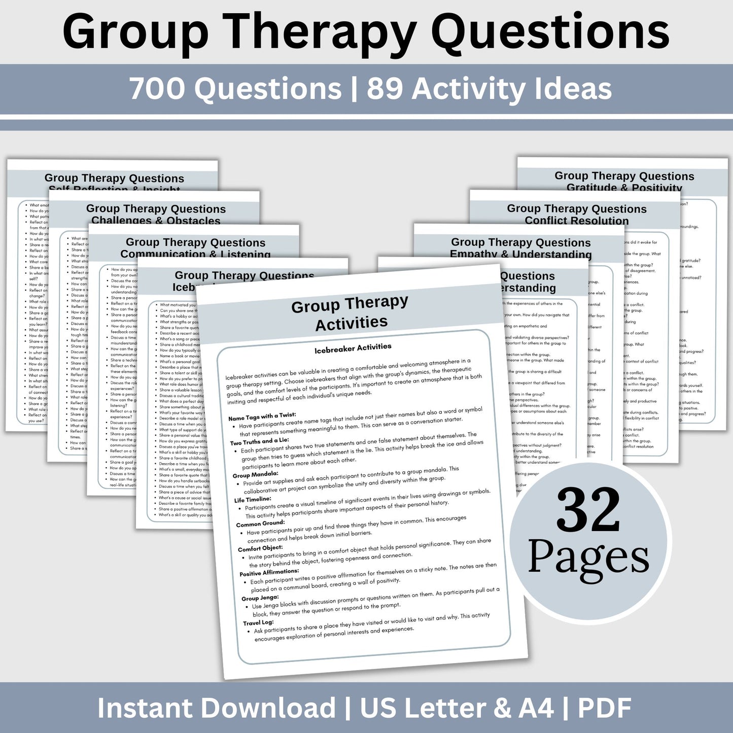 Comprehensive collection of 700 thought-provoking questions and 89 dynamic group activity ideas designed to enhance your group therapy sessions. Elevate your facilitation skills and create a nurturing space for meaningful discussions.