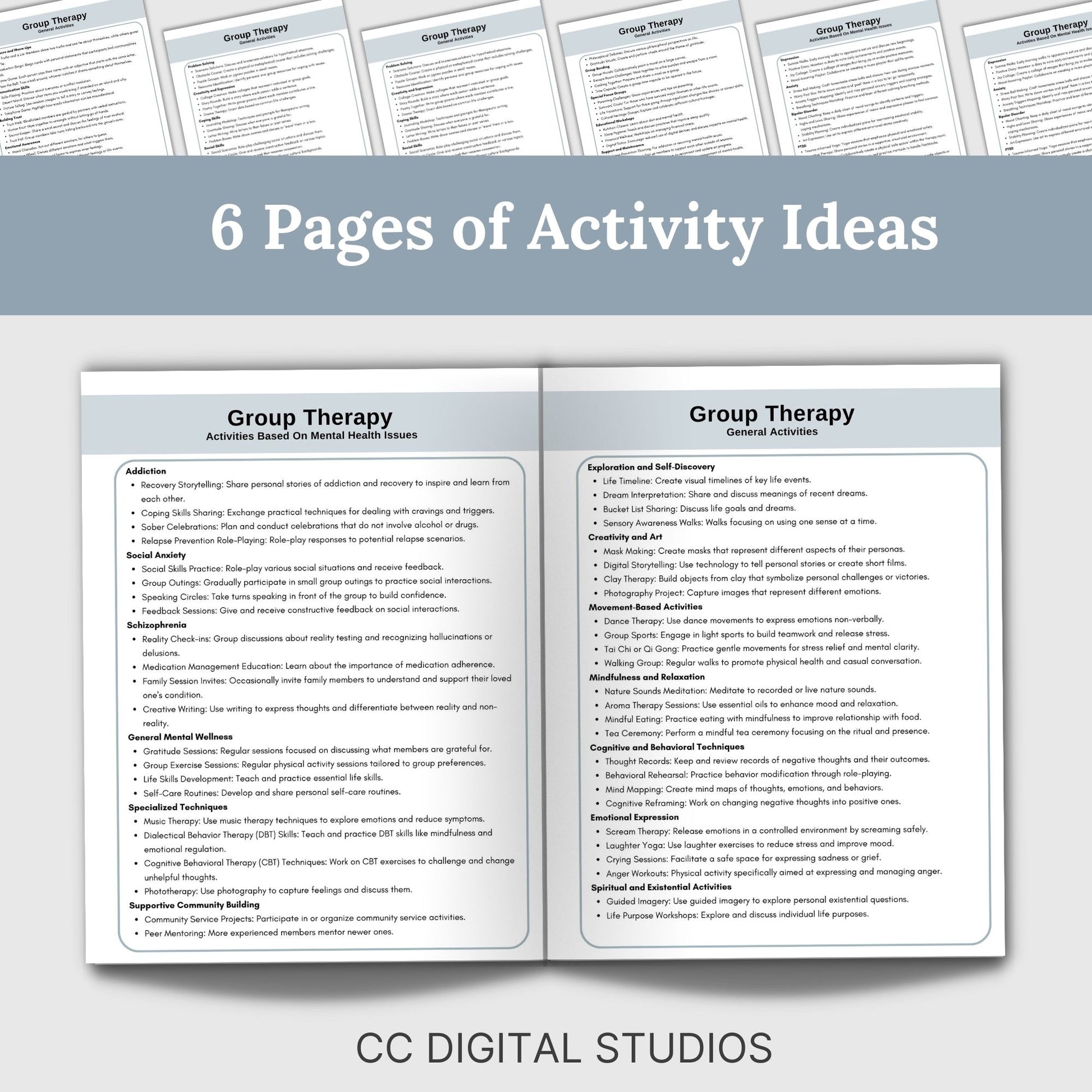 Perfect for therapists office, counselors, school psychologists, and social workers. Cheat sheet is packed with essential therapy tools, group activity ideas, and group topic ideas, facilitate effective group sessions in your therapist office.