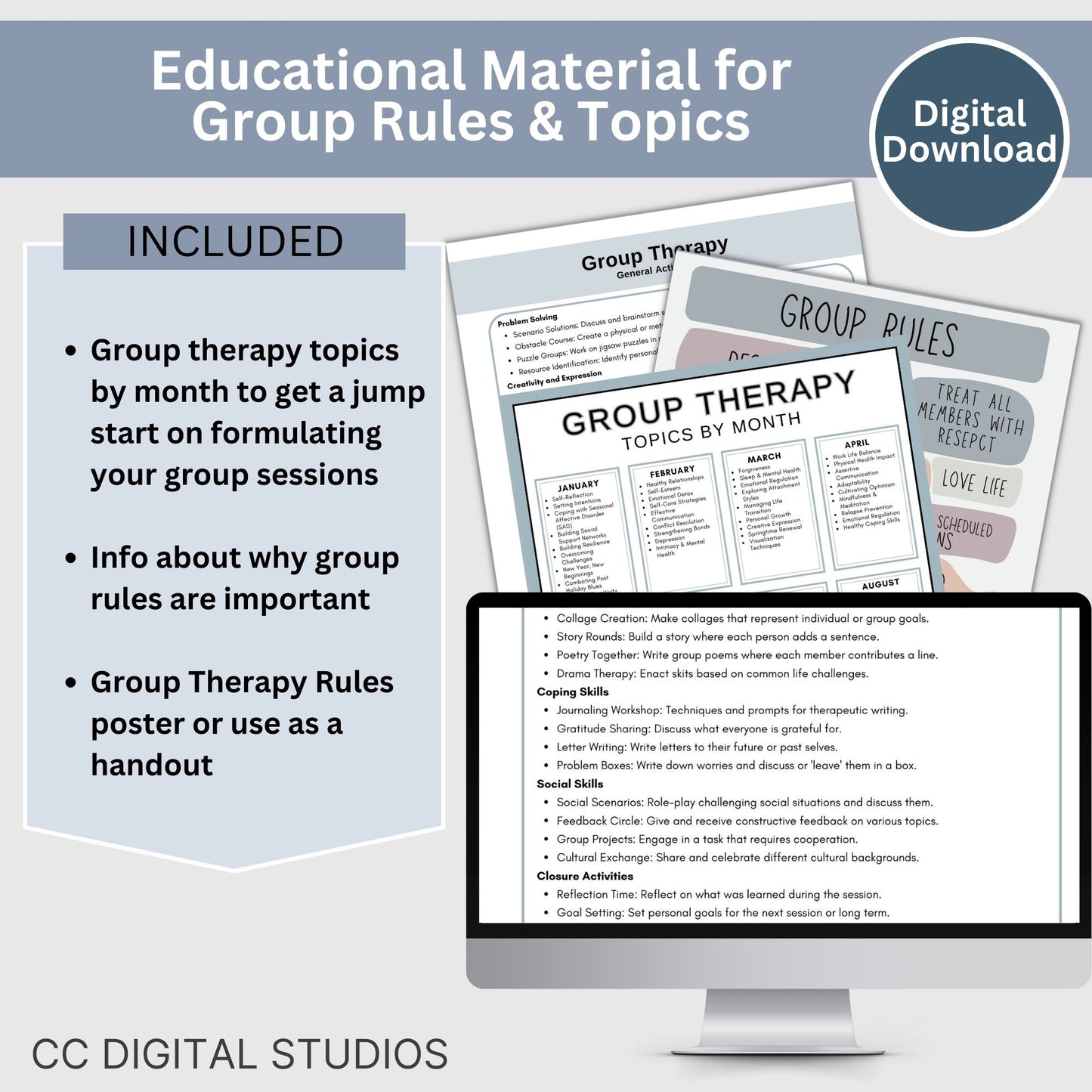 Perfect for therapists office, counselors, school psychologists, and social workers. Cheat sheet is packed with essential therapy tools, group activity ideas, and group topic ideas, facilitate effective group sessions in your therapist office.