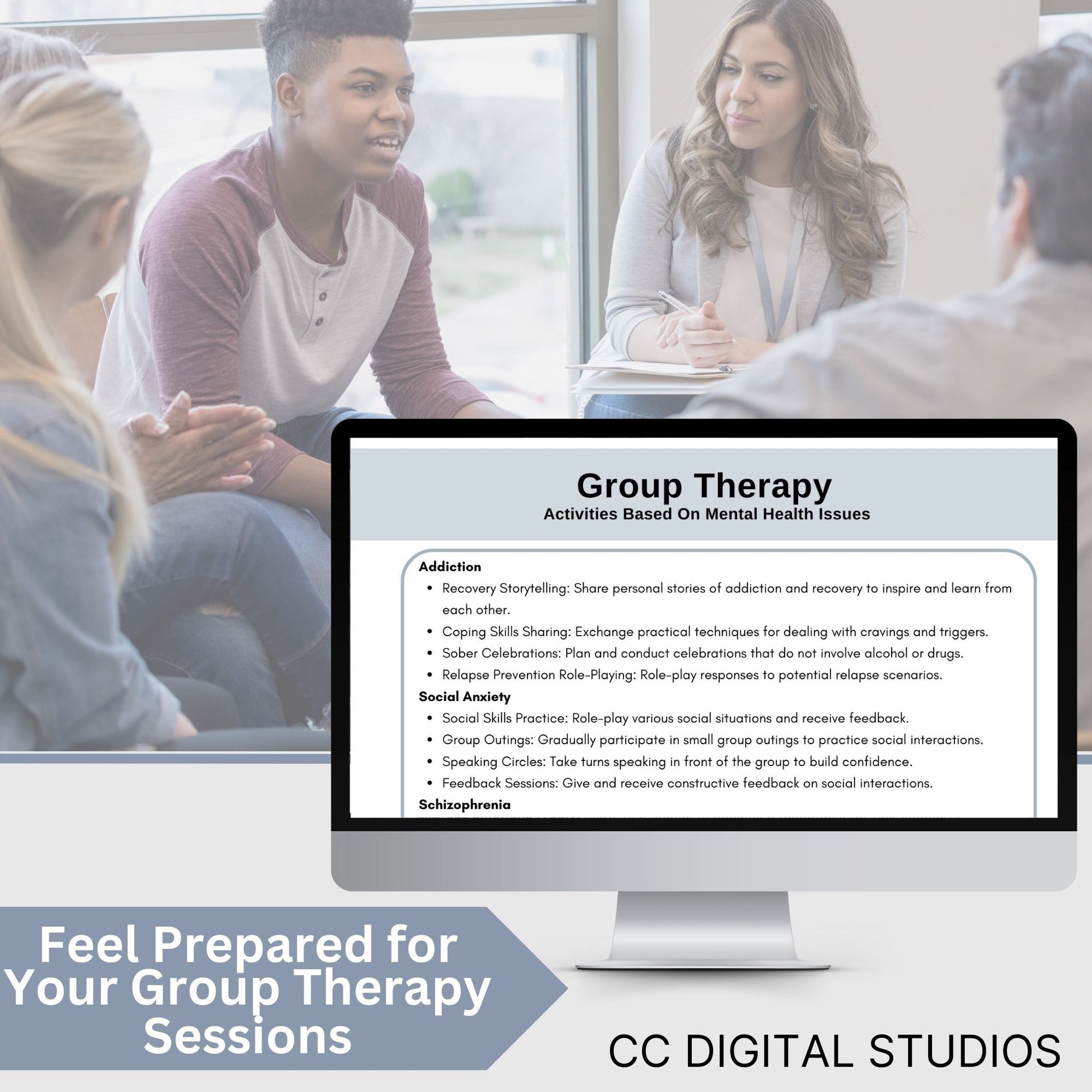 Perfect for therapists office, counselors, school psychologists, and social workers. Cheat sheet is packed with essential therapy tools, group activity ideas, and group topic ideas, facilitate effective group sessions in your therapist office.