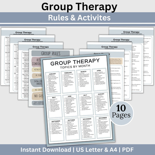 Perfect for therapists office, counselors, school psychologists, and social workers. Cheat sheet is packed with essential therapy tools, group activity ideas, and group topic ideas, facilitate effective group sessions in your therapist office.