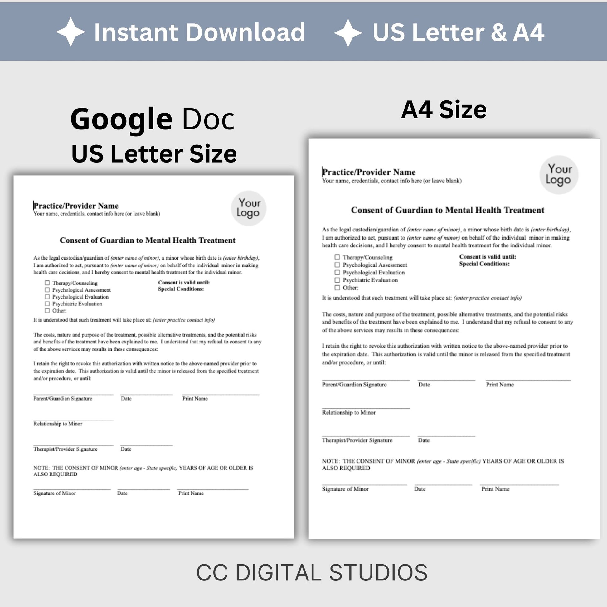 Guardian consent for mental health treatment.&nbsp; Easily customize this template to fit your practice's unique needs, maintain client privacy with secure Google Doc format, and save valuable time