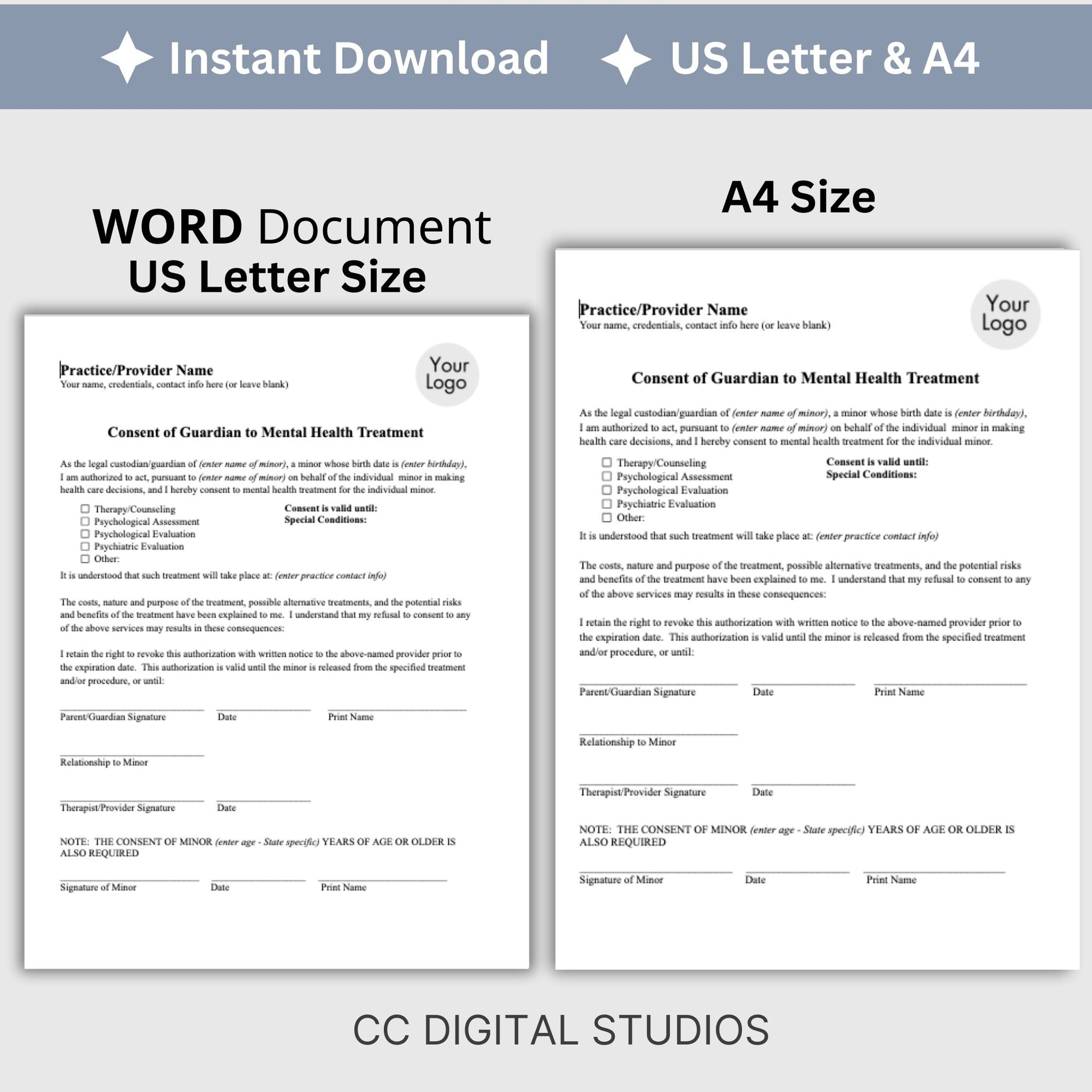 Guardian consent for mental health treatment.&nbsp; Easily customize this template to fit your practice's unique needs, maintain client privacy with secure WORD Doc format, and save valuable time