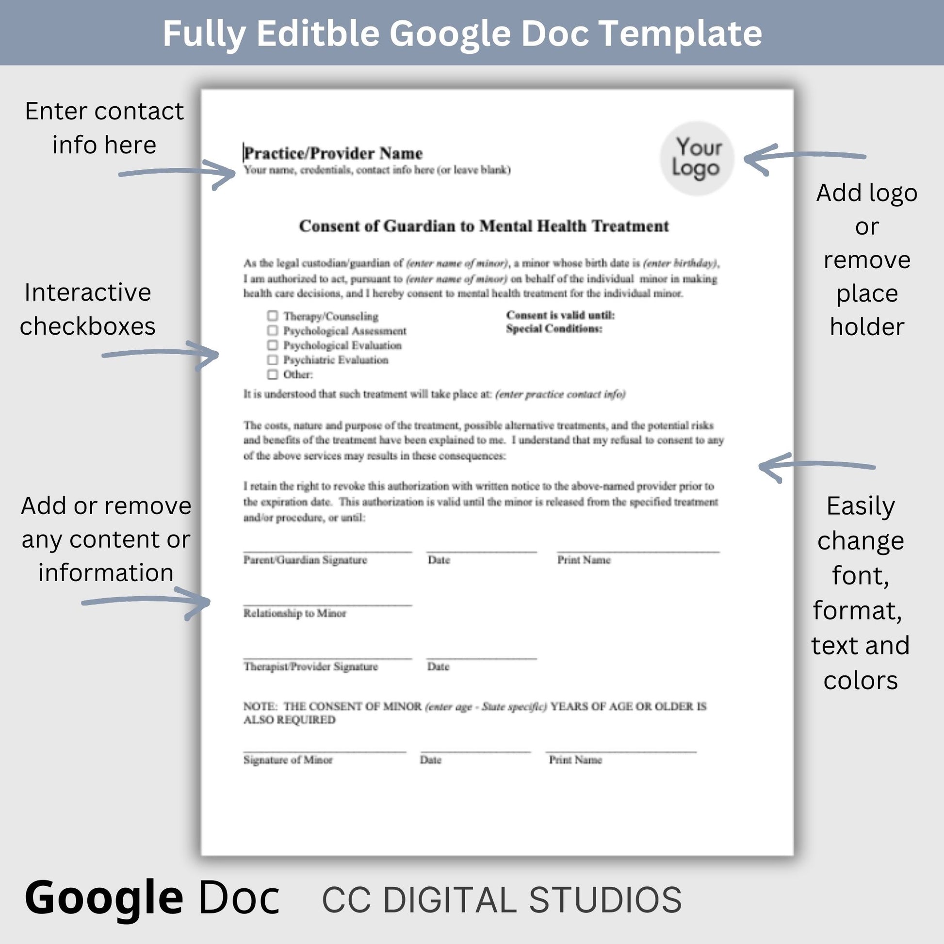 Guardian consent for mental health treatment.&nbsp; Easily customize this template to fit your practice's unique needs, maintain client privacy with secure Google Doc format, and save valuable time