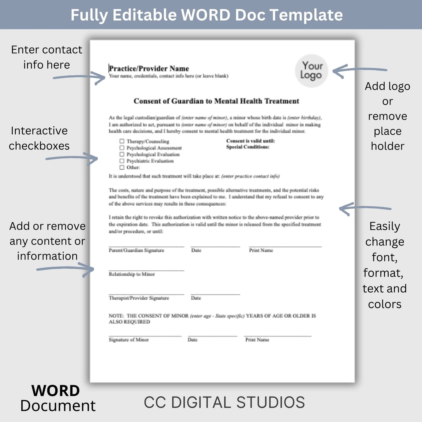 Guardian consent for mental health treatment.&nbsp; Easily customize this template to fit your practice's unique needs, maintain client privacy with secure WORD Doc format, and save valuable time