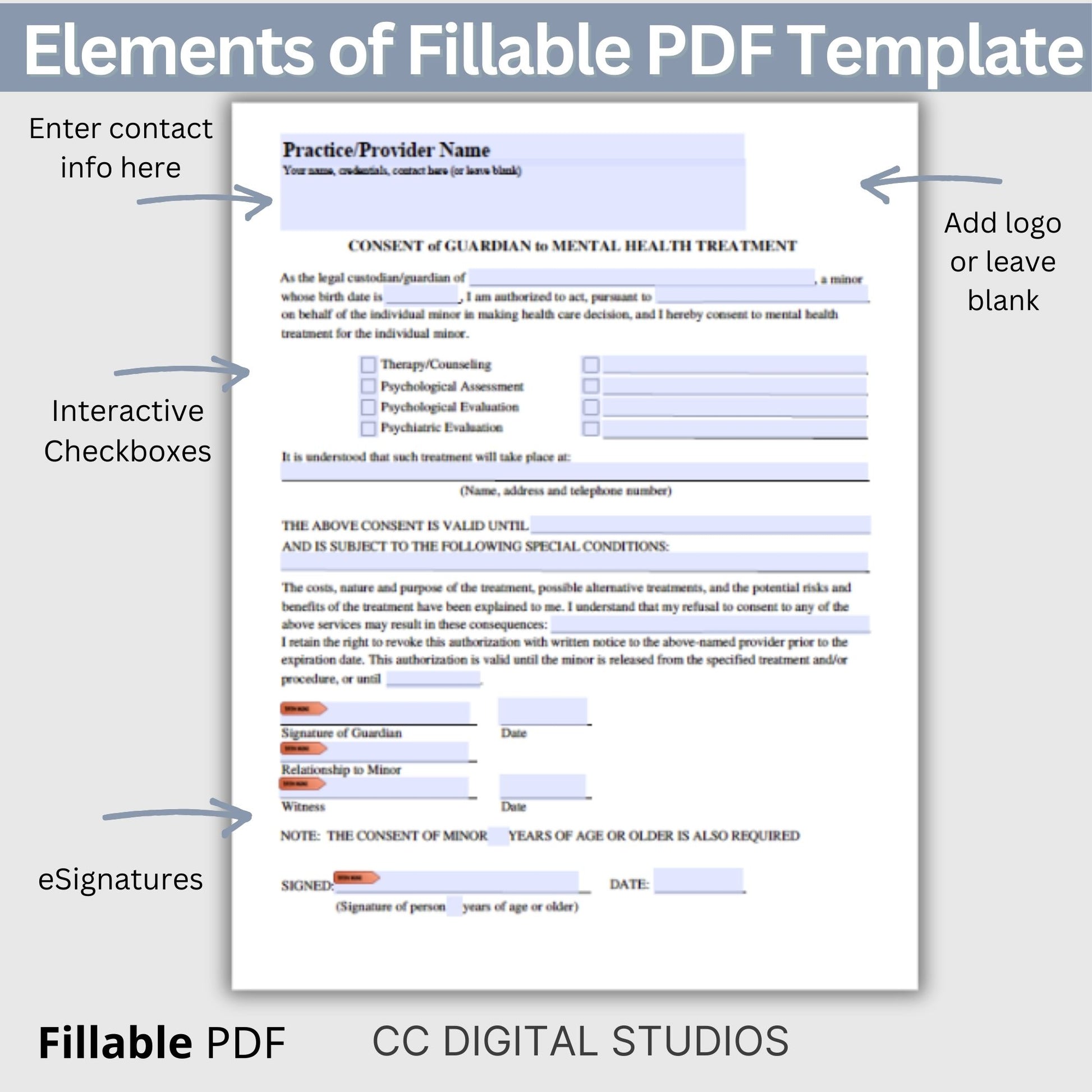 Guardian consent for mental health treatment form for minors. Streamline your client onboarding process with our professional fillable PDF templates for mental health professionals. &nbsp;