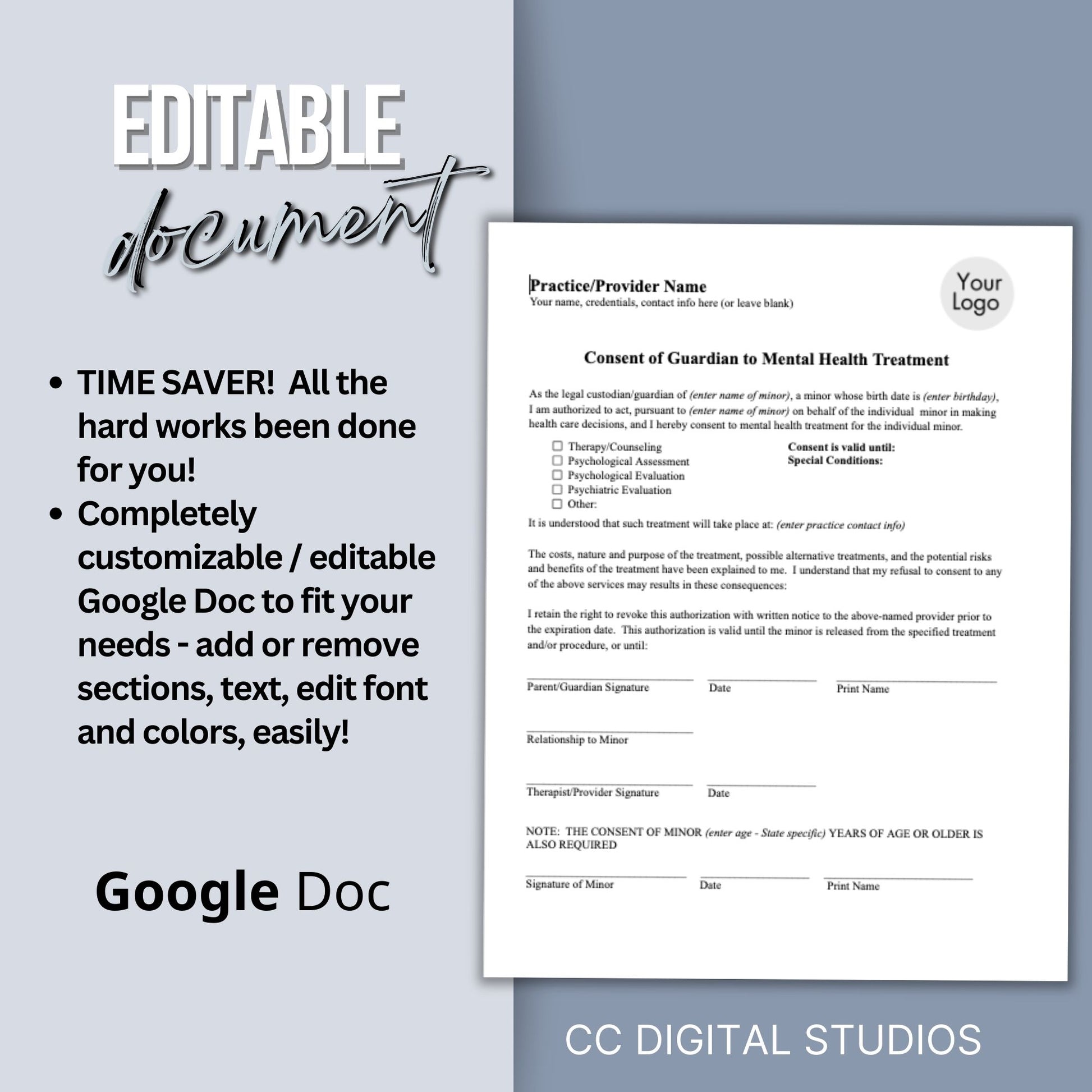 Guardian consent for mental health treatment.&nbsp; Easily customize this template to fit your practice's unique needs, maintain client privacy with secure Google Doc format, and save valuable time