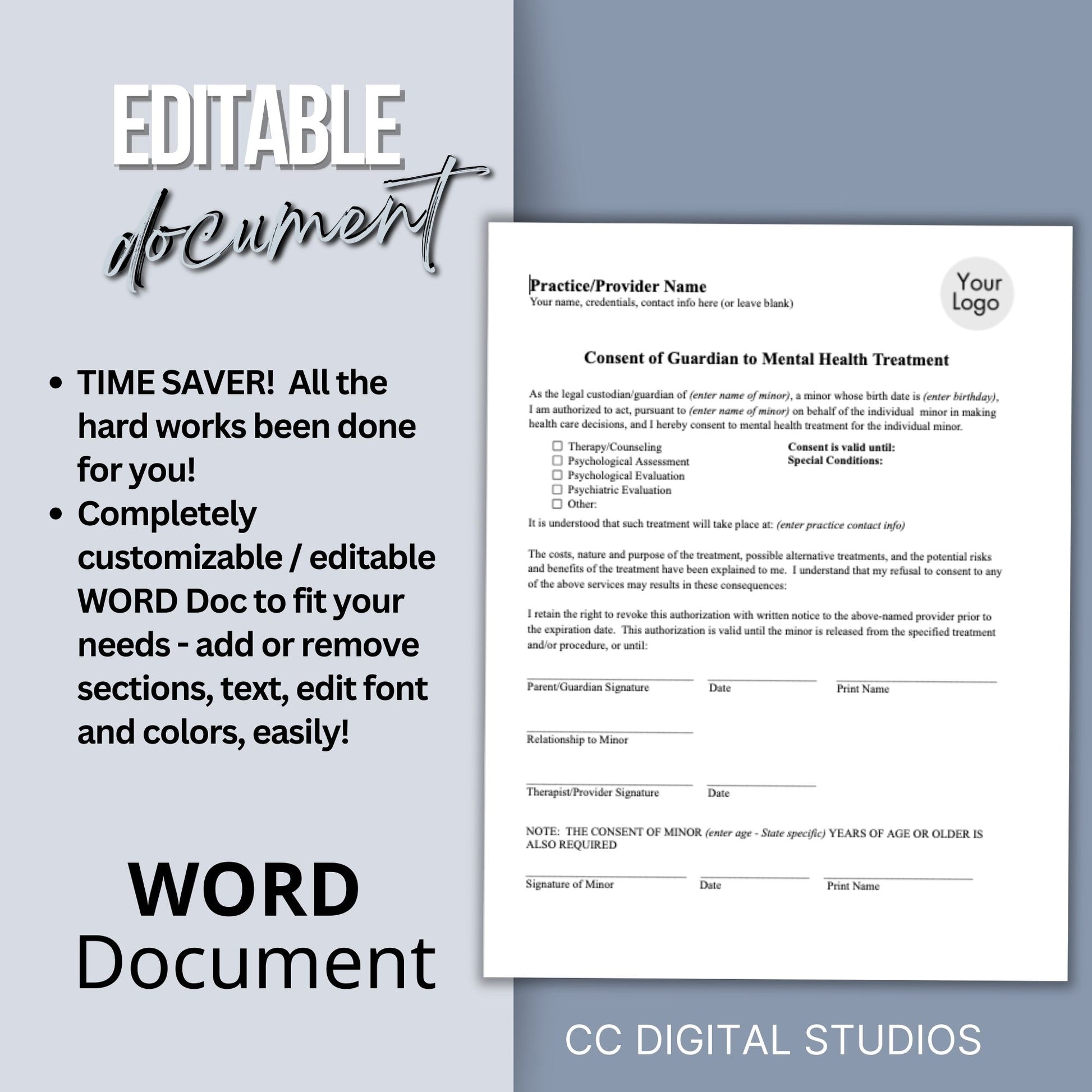 Guardian consent for mental health treatment.&nbsp; Easily customize this template to fit your practice's unique needs, maintain client privacy with secure WORD Doc format, and save valuable time