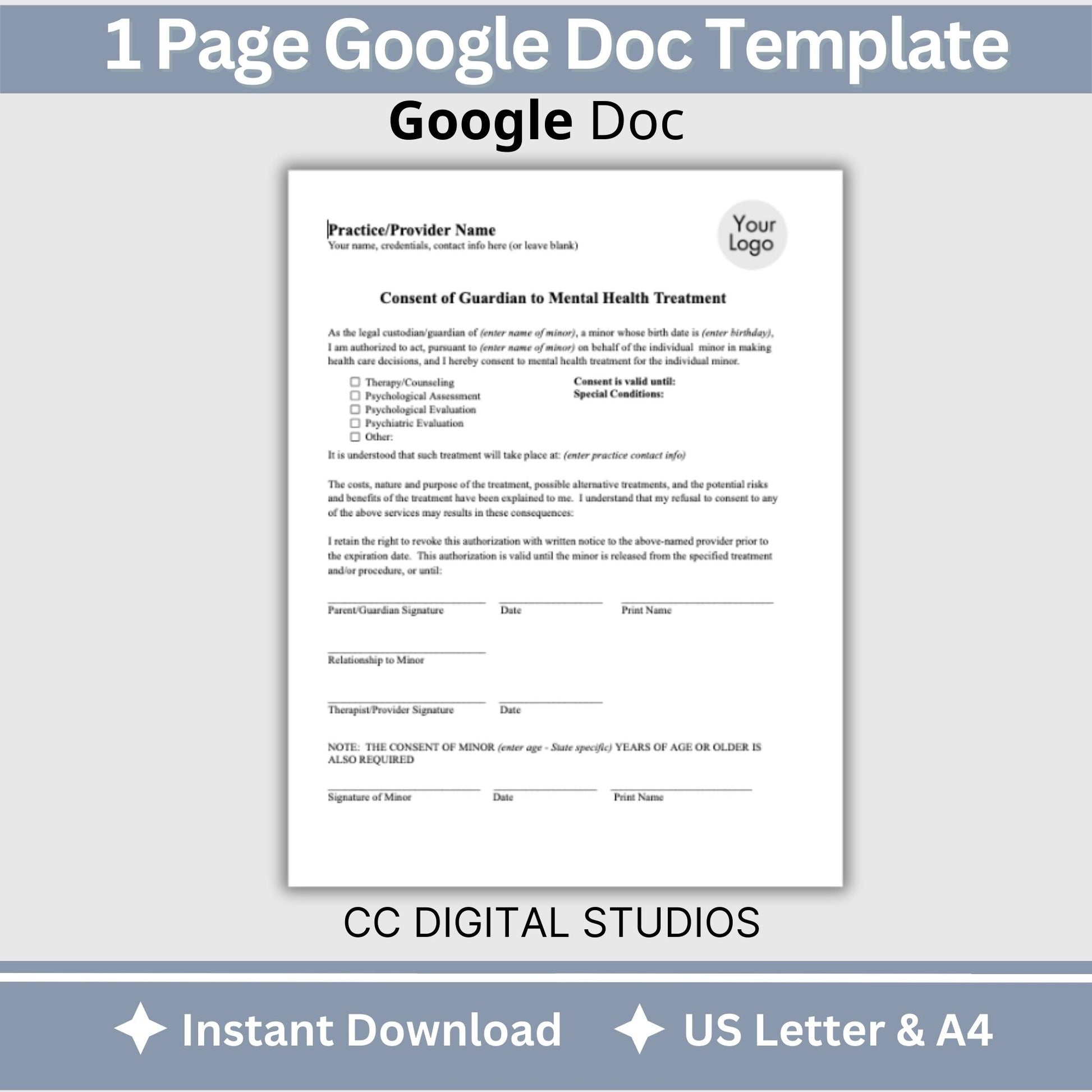 Guardian consent for mental health treatment.&nbsp; Easily customize this template to fit your practice's unique needs, maintain client privacy with secure Google Doc format, and save valuable time