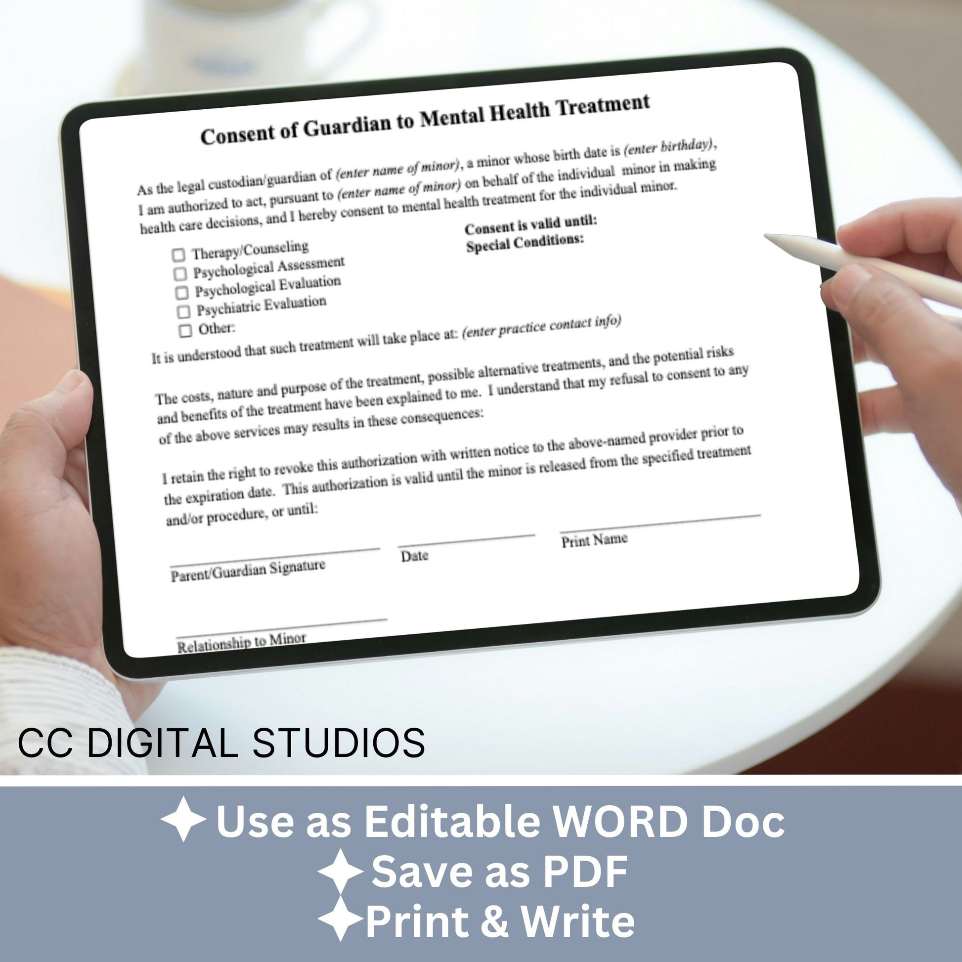 Guardian consent for mental health treatment.&nbsp; Easily customize this template to fit your practice's unique needs, maintain client privacy with secure WORD Doc format, and save valuable time