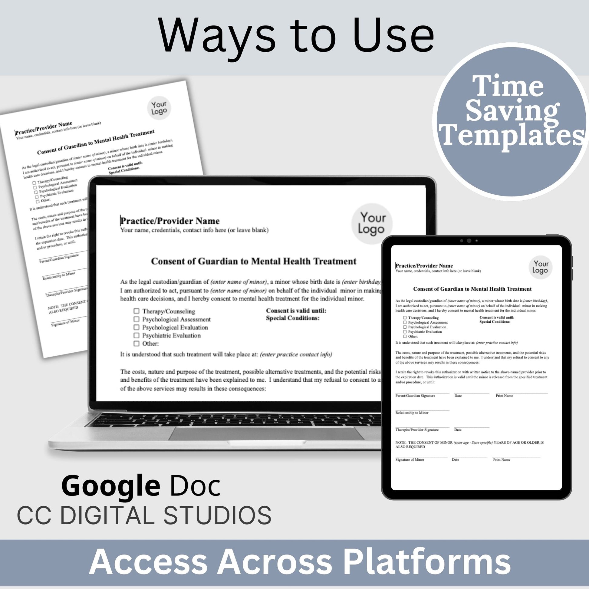 Guardian consent for mental health treatment.&nbsp; Easily customize this template to fit your practice's unique needs, maintain client privacy with secure Google Doc format, and save valuable time