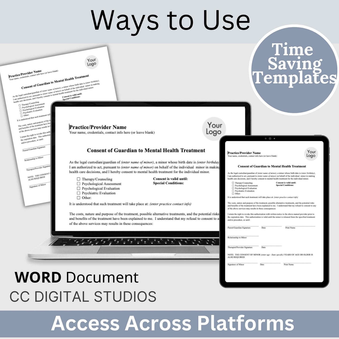 Guardian consent for mental health treatment.&nbsp; Easily customize this template to fit your practice's unique needs, maintain client privacy with secure WORD Doc format, and save valuable time