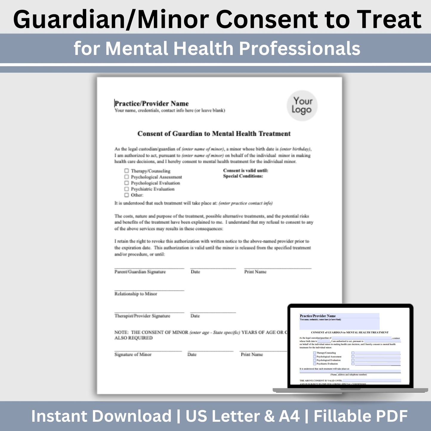 Guardian consent for mental health treatment form for minors. Streamline your client onboarding process with our professional fillable PDF templates for mental health professionals. &nbsp;