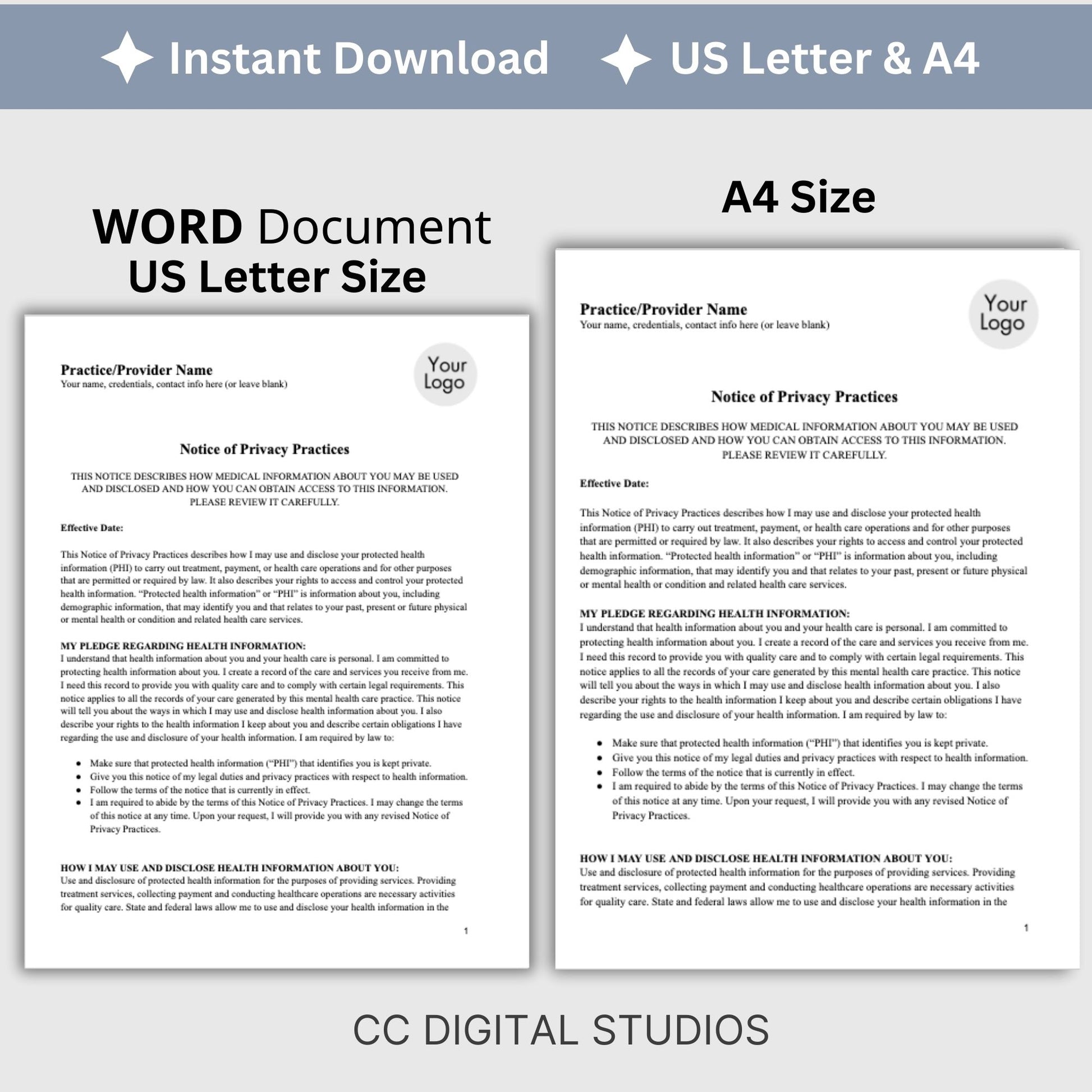 Notice of Privacy Practices - HIPAA for mental health professionals. Easily customize the template to fit your practice's unique needs, State requirements, maintain client privacy with secure WORD Doc format,