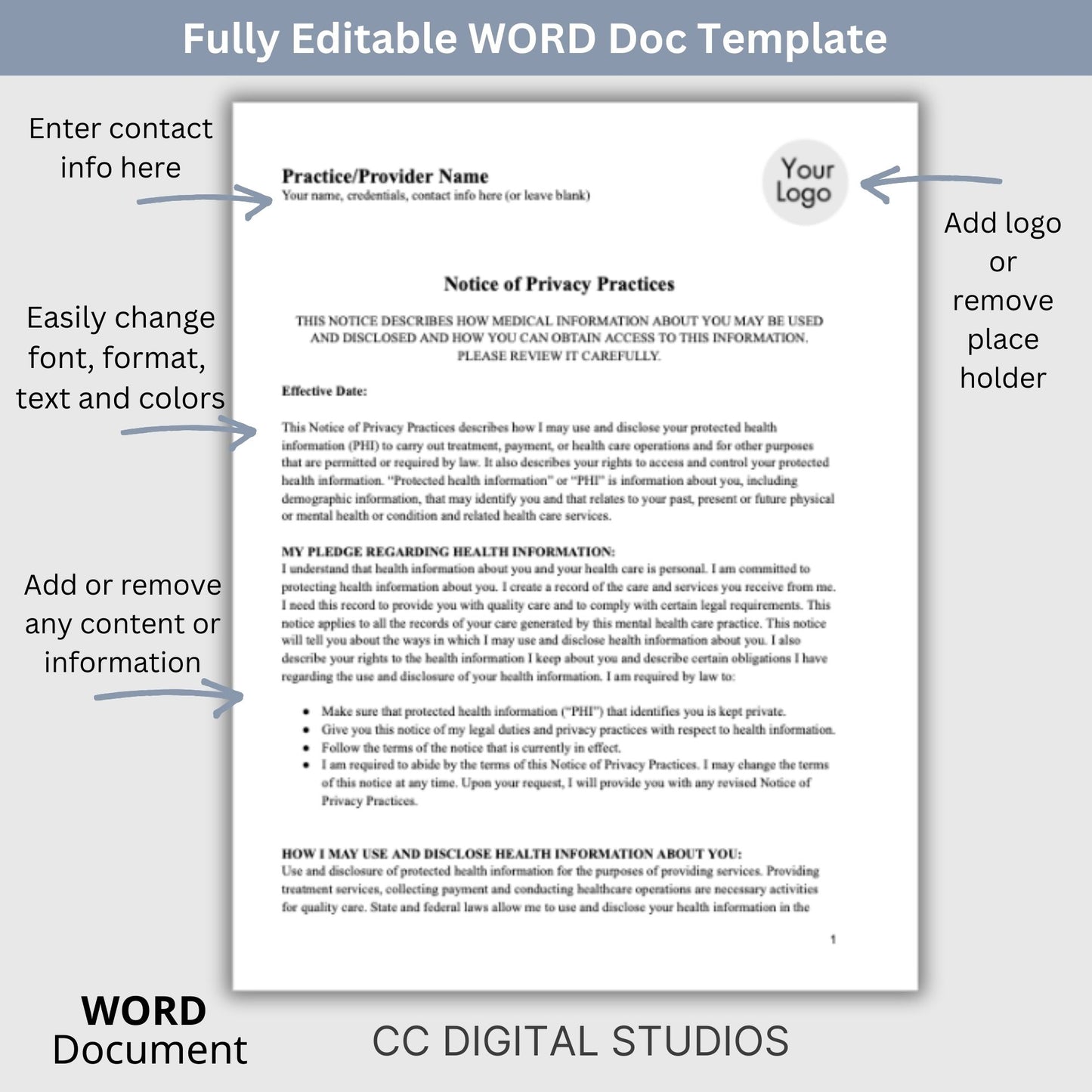 Notice of Privacy Practices - HIPAA for mental health professionals. Easily customize the template to fit your practice's unique needs, State requirements, maintain client privacy with secure WORD Doc format,