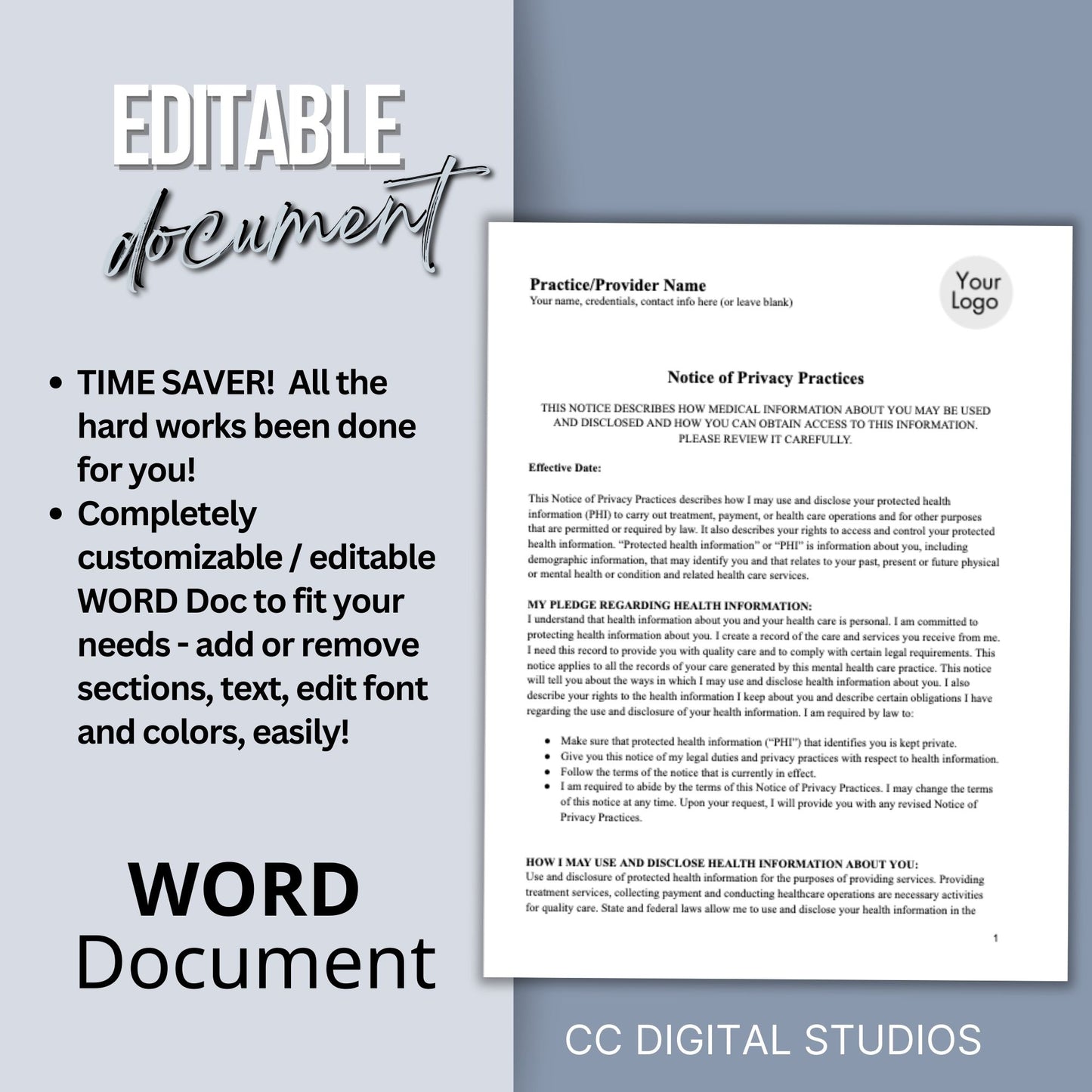 Notice of Privacy Practices - HIPAA for mental health professionals. Easily customize the template to fit your practice's unique needs, State requirements, maintain client privacy with secure WORD Doc format,